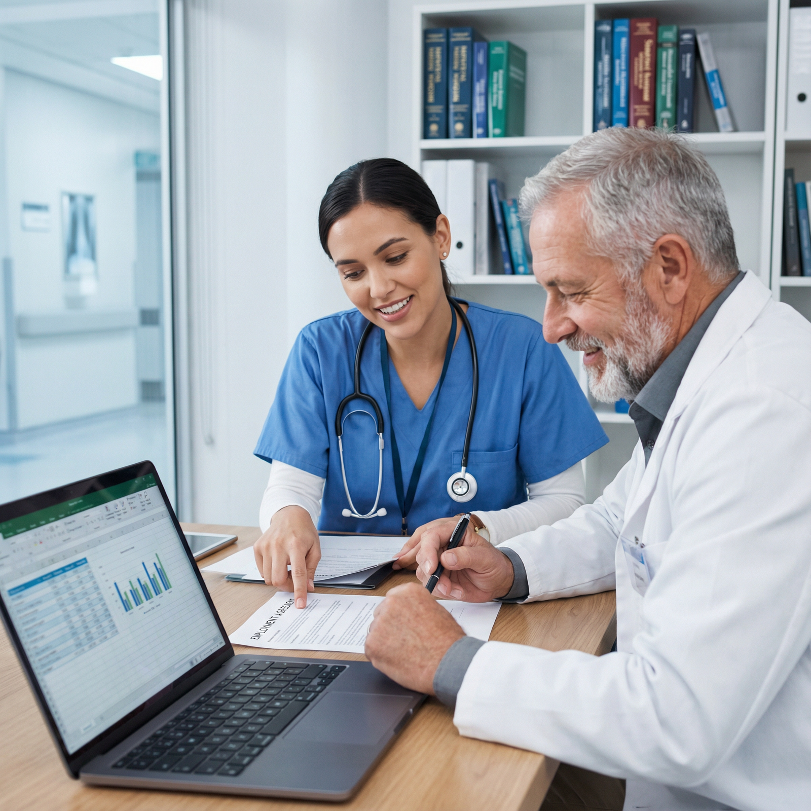 Young physician meeting with mentor to review a job contract Young physician meeting with mentor to review a job contract - Gender Pay Gap for Understanding the Gender Pay Gap in Medicin