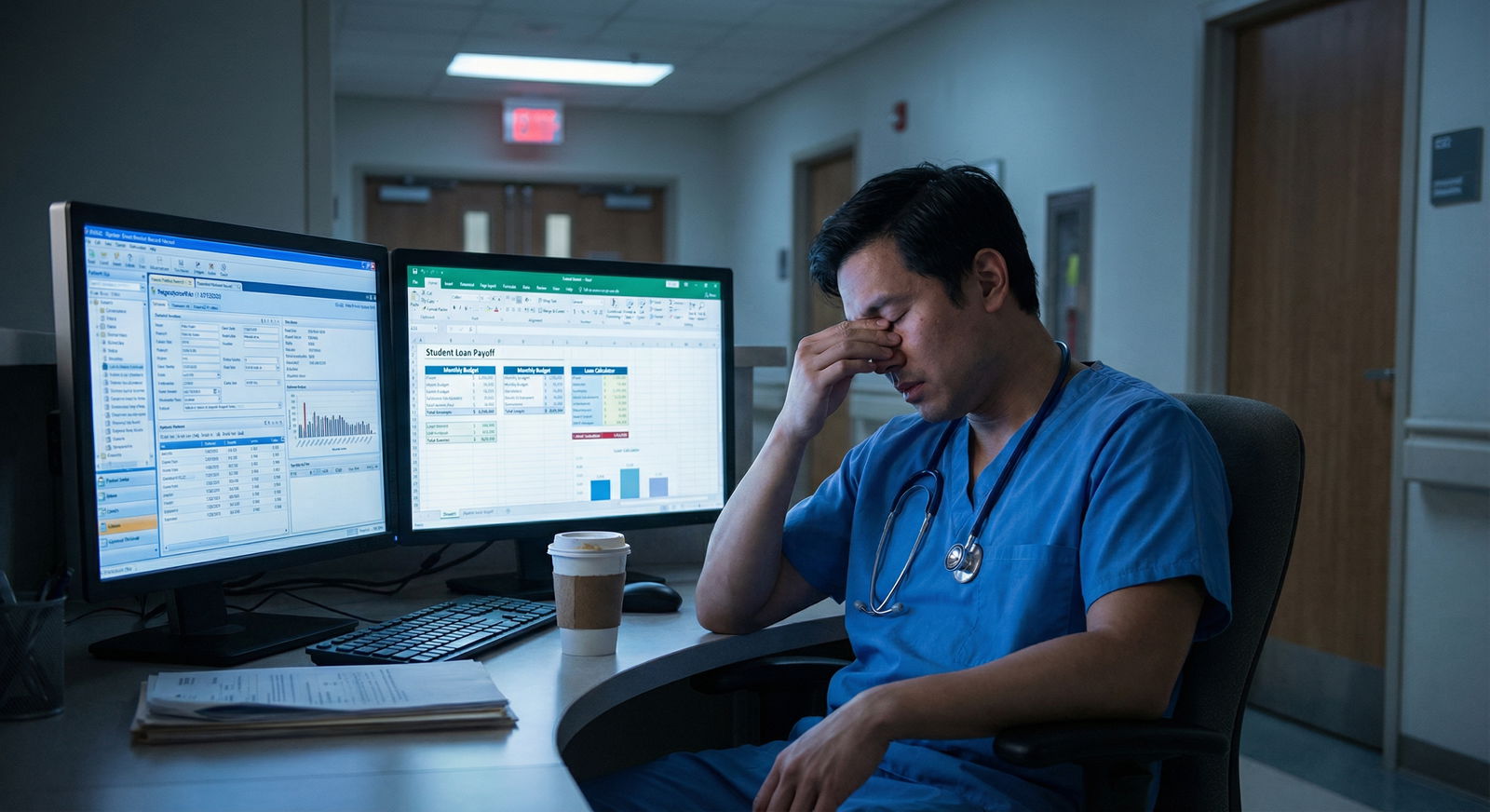 Resident physician working late on patient charts and financial planning - physician salaries for Unveiling the True Costs of