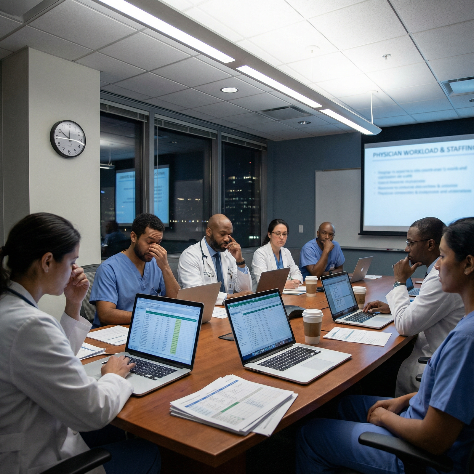 Team of physicians discussing workload and scheduling in a hospital conference room Team of physicians discussing workload and scheduling in a hospital conference room - physician work hours for Exploring Phys