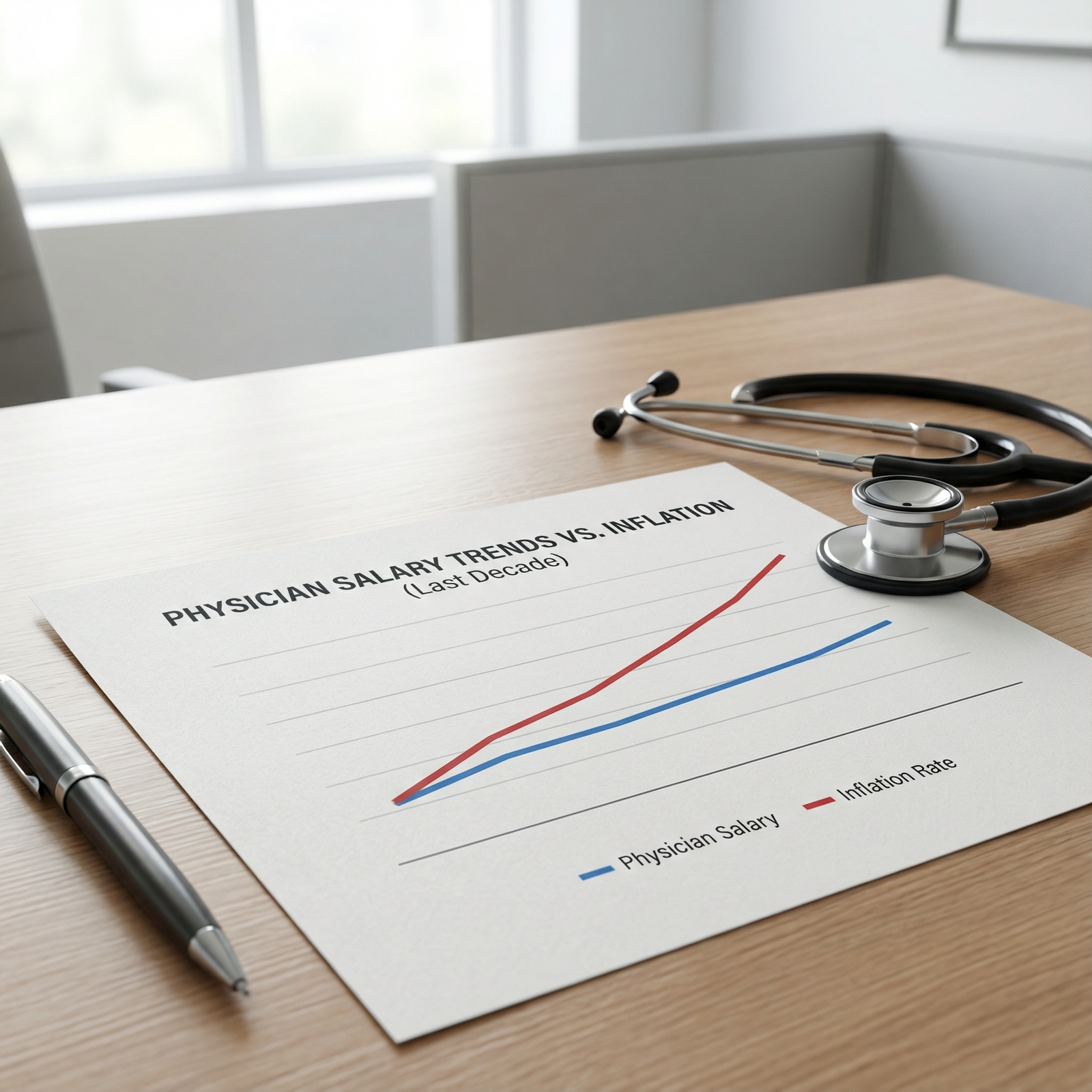 Graph showing physician salary trends versus inflation over time Graph showing physician salary trends versus inflation over time - physician salaries for Understanding Physician Salaries: I