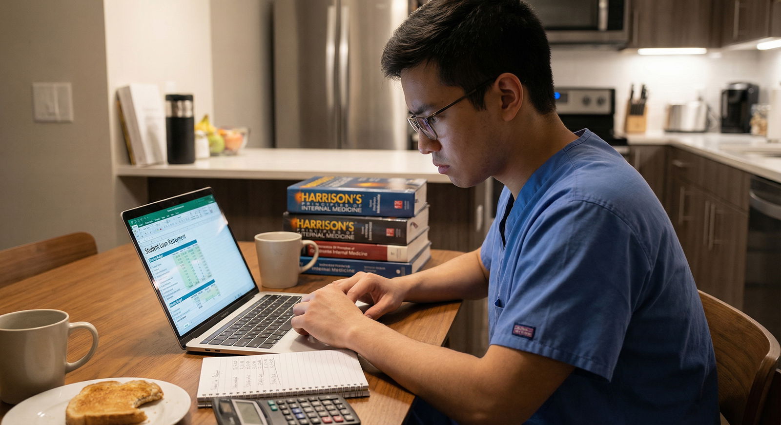 Young physician calculating student loan payments and cost of living Young physician calculating student loan payments and cost of living - physician salaries for Understanding Physician Salarie