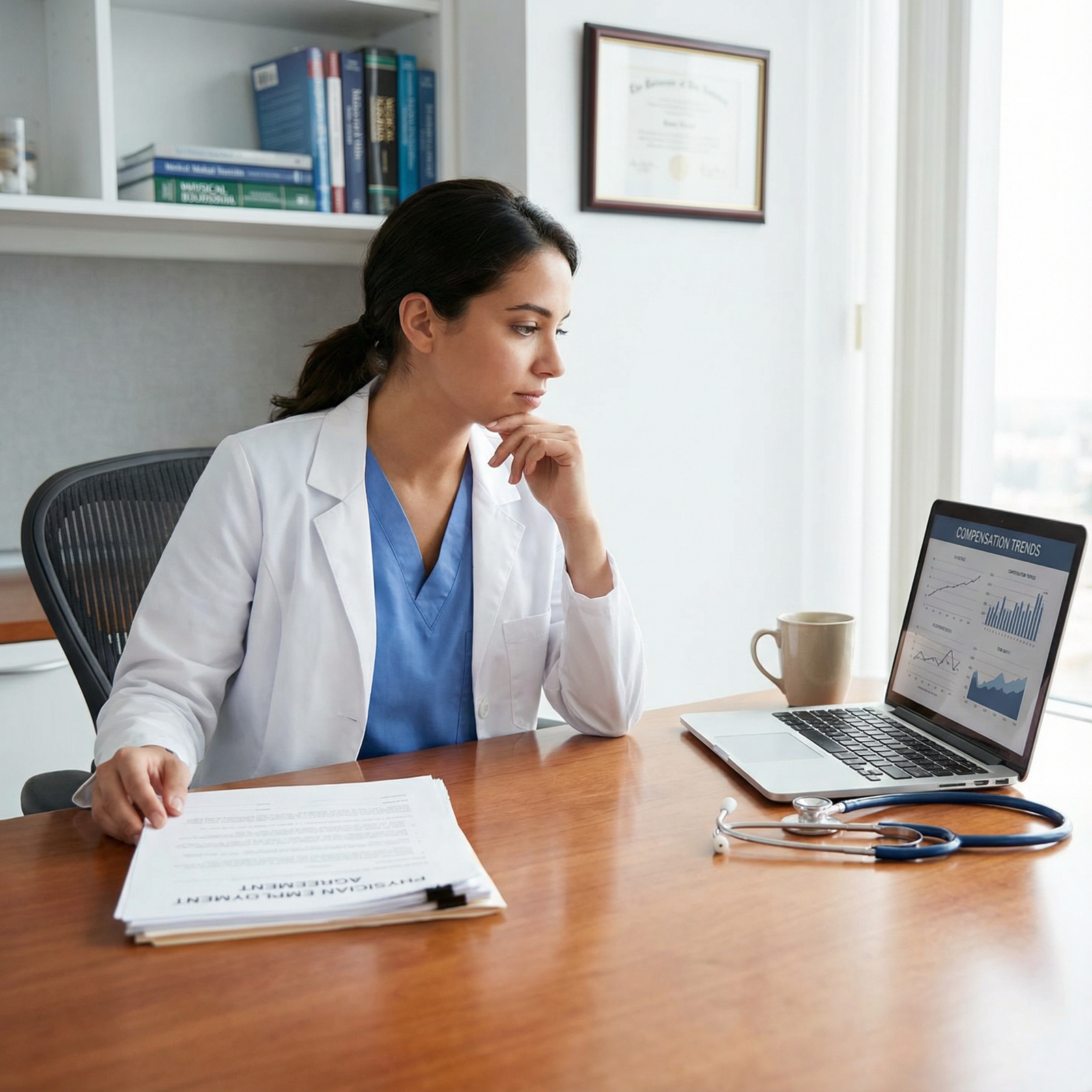 Physician reviewing compensation trends and contract details Physician reviewing compensation trends and contract details - Physician Salaries for Exploring Physician Salaries: Insights