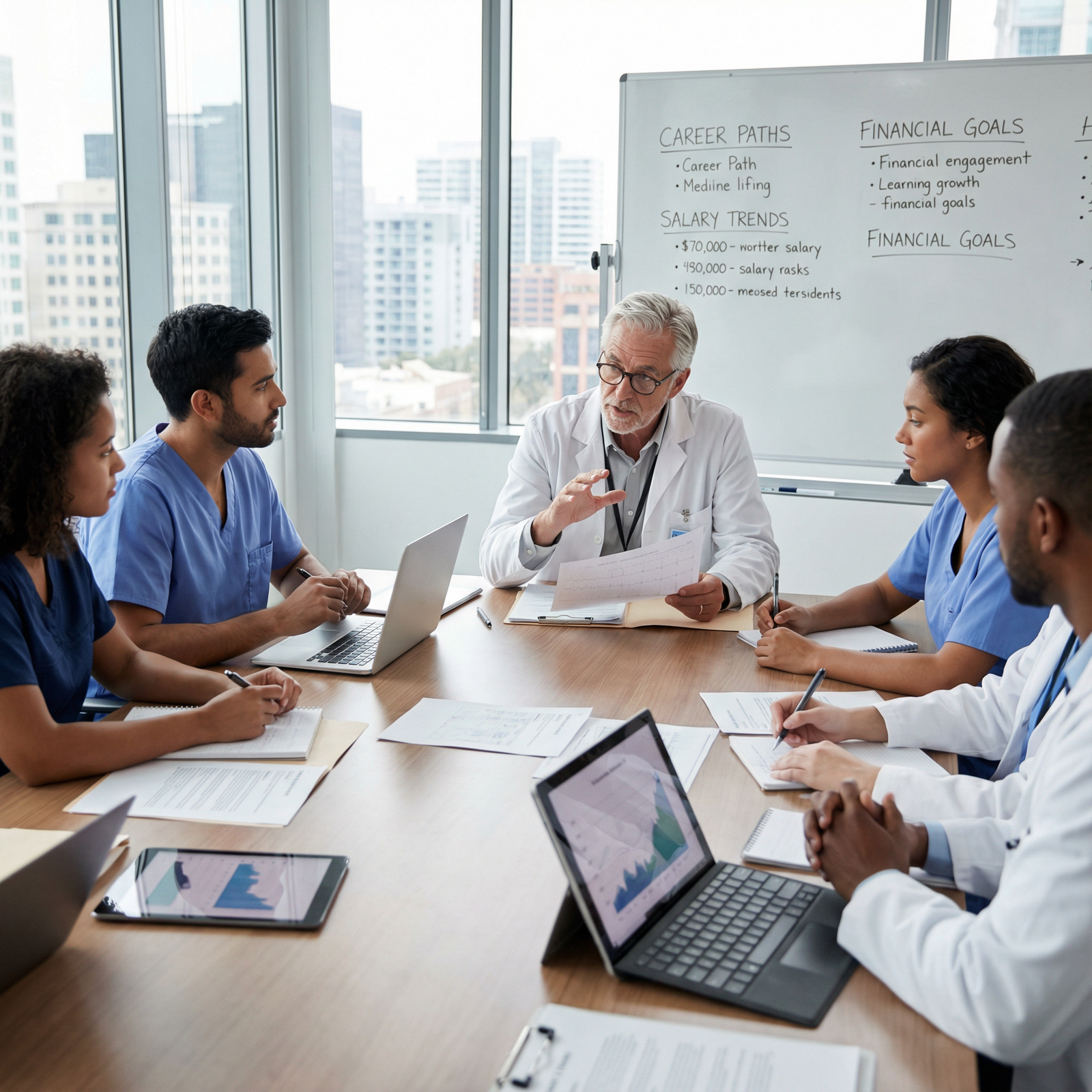 Senior physician mentoring residents about career development and salary planning - physician salaries for Unlocking Physicia