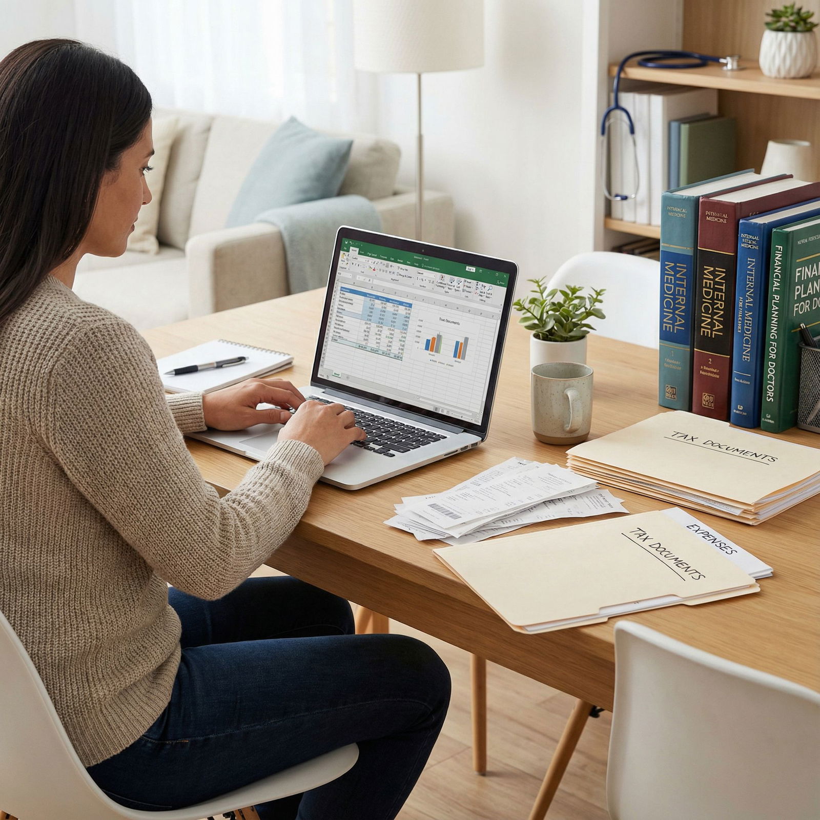 Physician organizing financial records using a laptop and files - Tax Planning for Essential Tax Strategies for Physicians: M