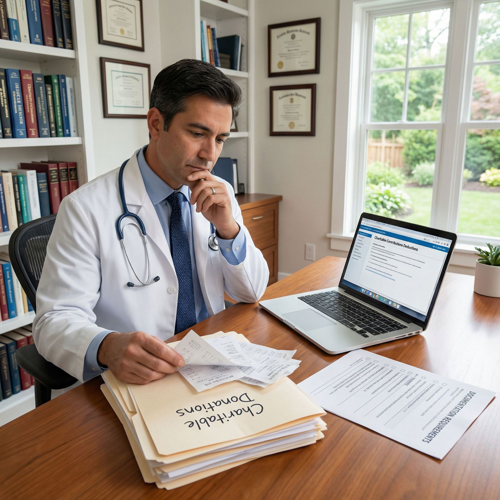 Physician organizing charitable giving records and receipts - charitable giving for Maximize Impact: Charitable Giving & Tax