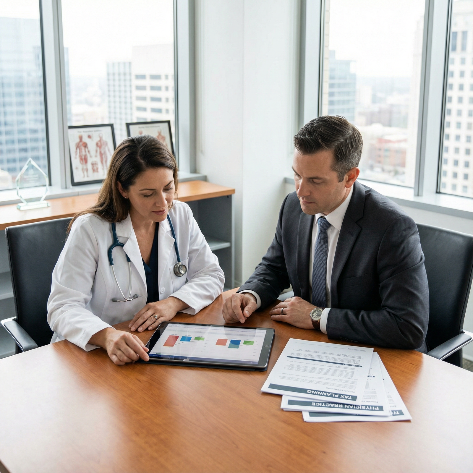 Tax planning meeting between physician and financial advisor - Tax Reforms for Tax Reforms and Your Physician Practice: Optim