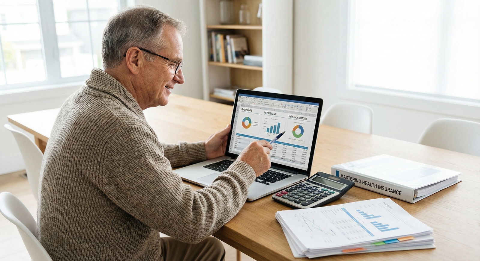 Senior using calculator and laptop to budget for healthcare and retirement expenses - Health Insurance for Mastering Health I