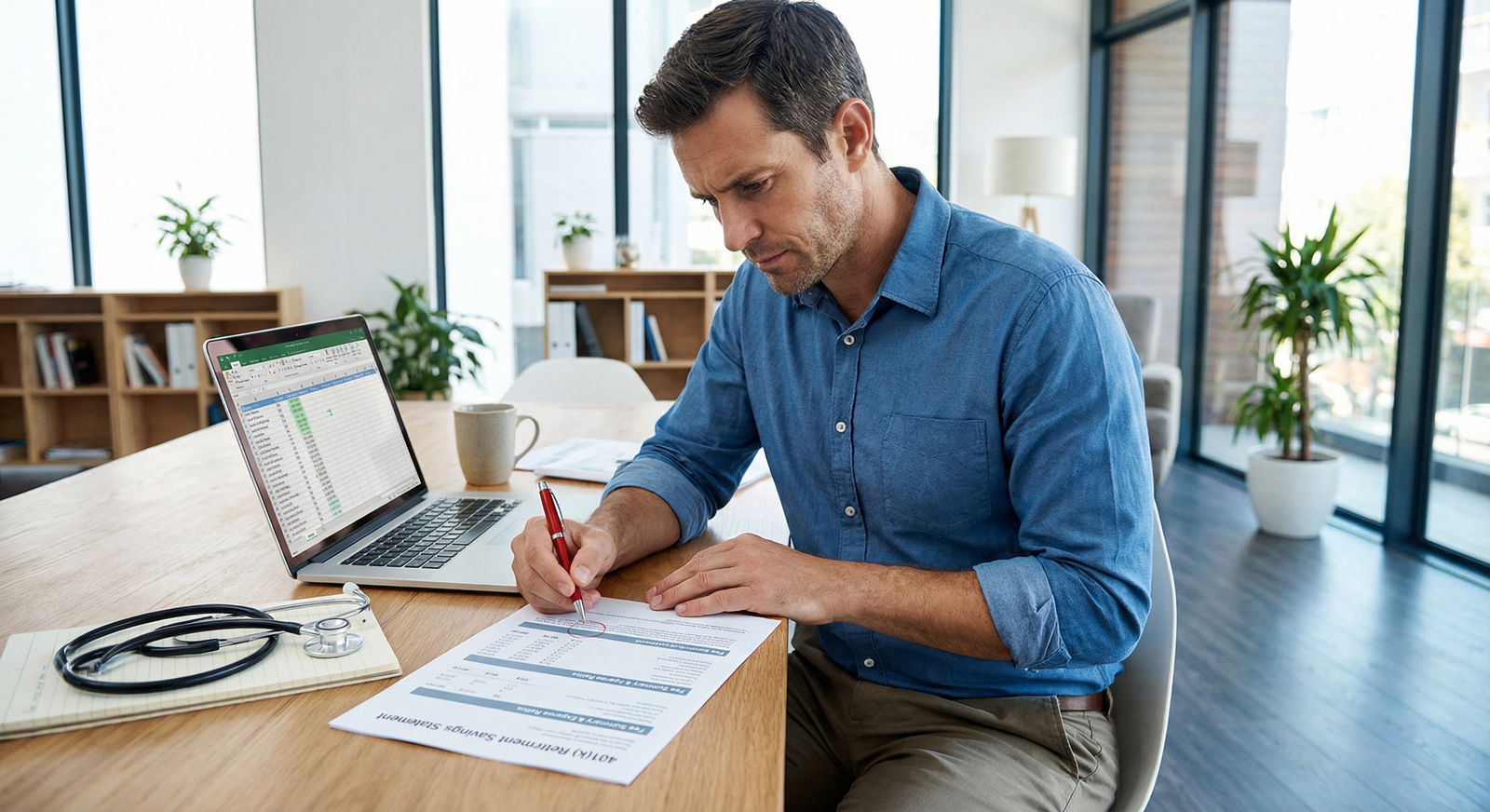 Physician reviewing 401k fees and fine print Physician reviewing 401k fees and fine print - 401(k) tips for Smart 401(k) Tips for Physicians: Mastering Retirement Plannin