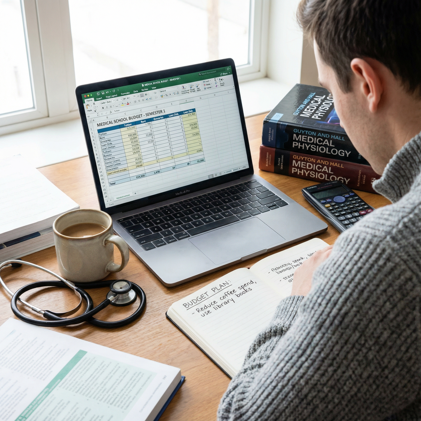 Medical student using a laptop and notebook to build a monthly budget - Medical School for Mastering Medical School Budgeting