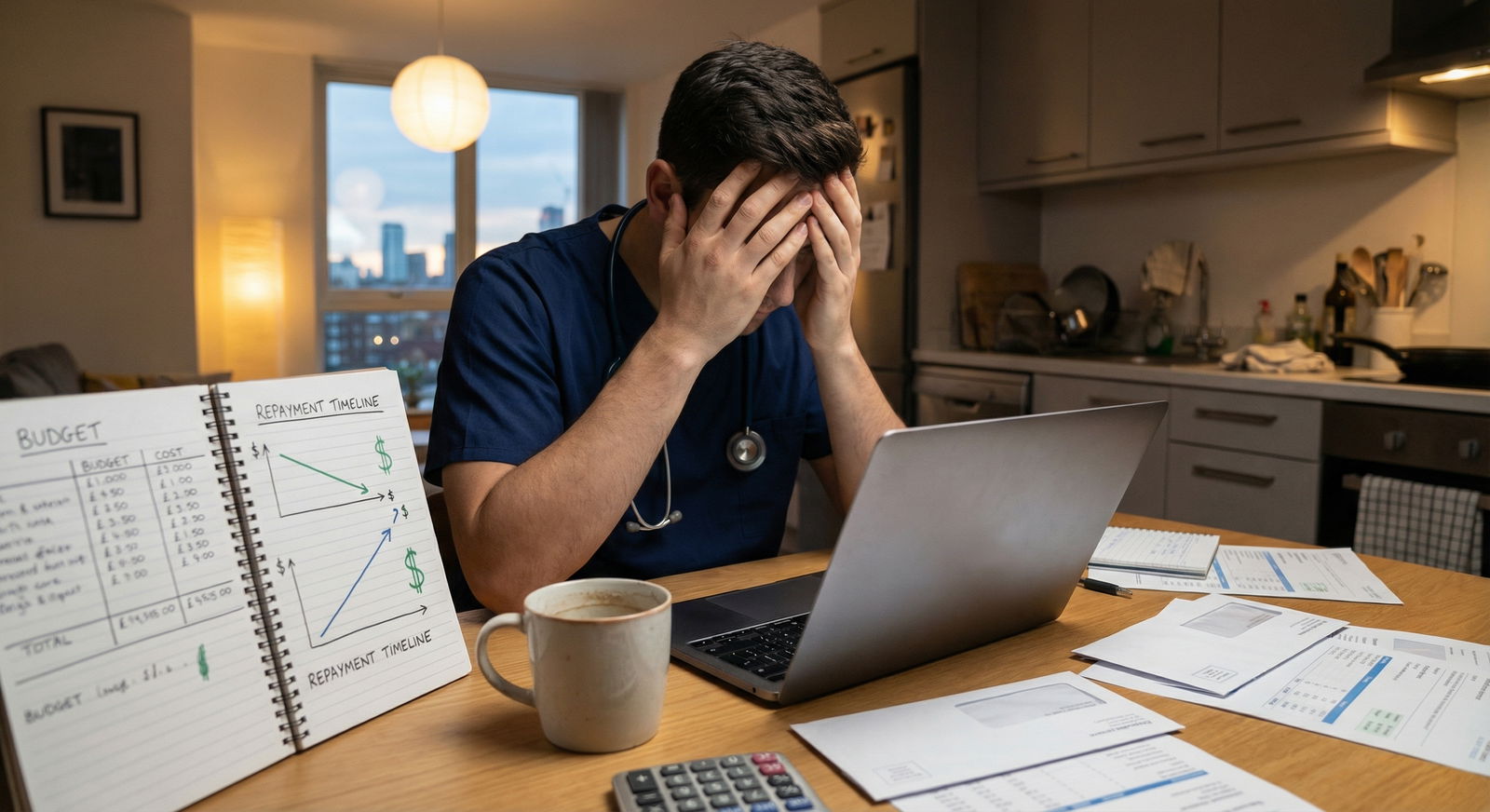 Resident physician calculating budget and loan repayment timeline - student loans for Mastering Medical School Debt: Top Repa
