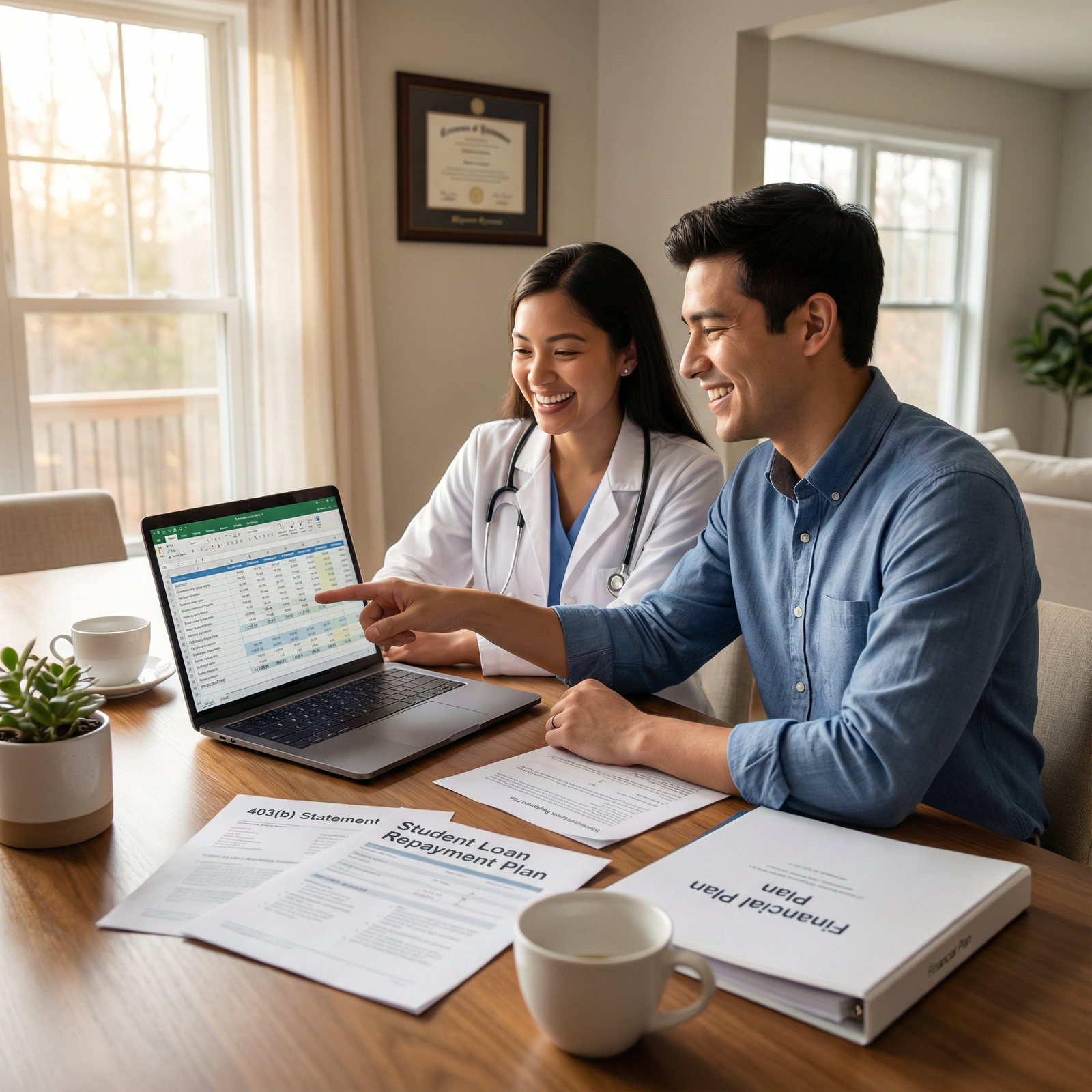 Physician couple reviewing long-term financial and loan repayment plan - financial literacy for Mastering Financial Literacy: