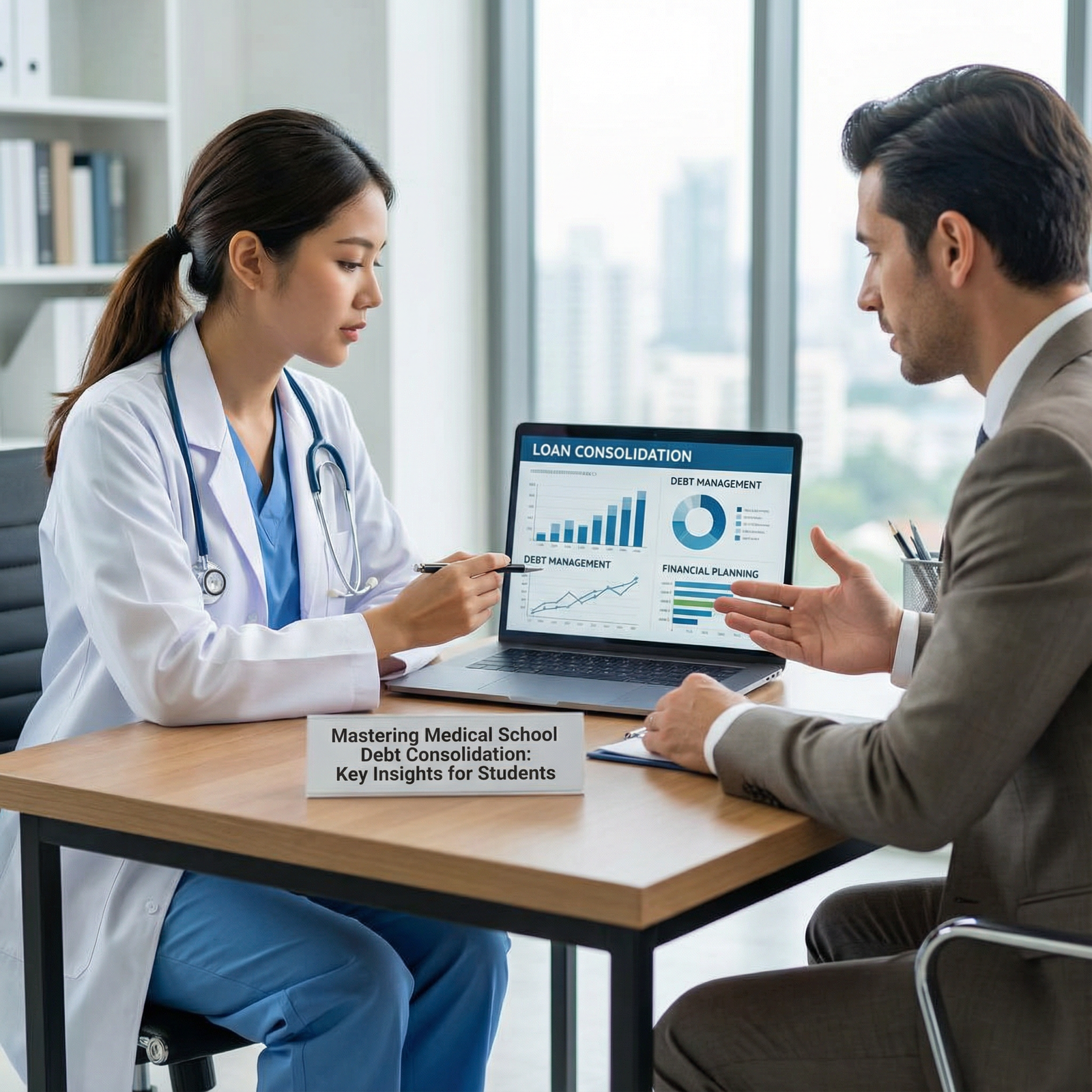 Physician consulting a financial advisor about student loan strategies - Debt Management for Mastering Medical School Debt Co