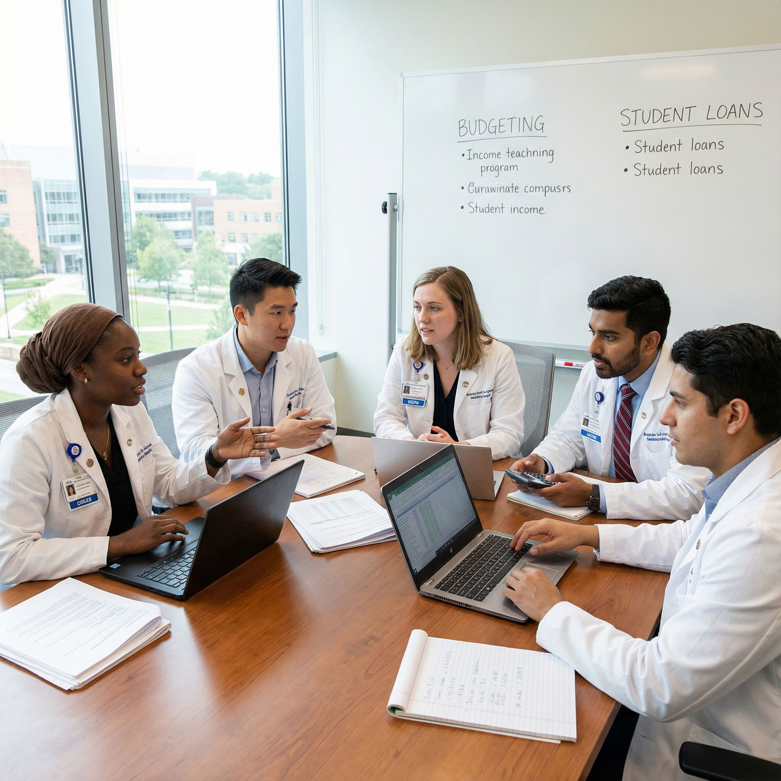 Group of medical students discussing financial planning - Medical School for Mastering Medical School Finances: 10 Proven Tip