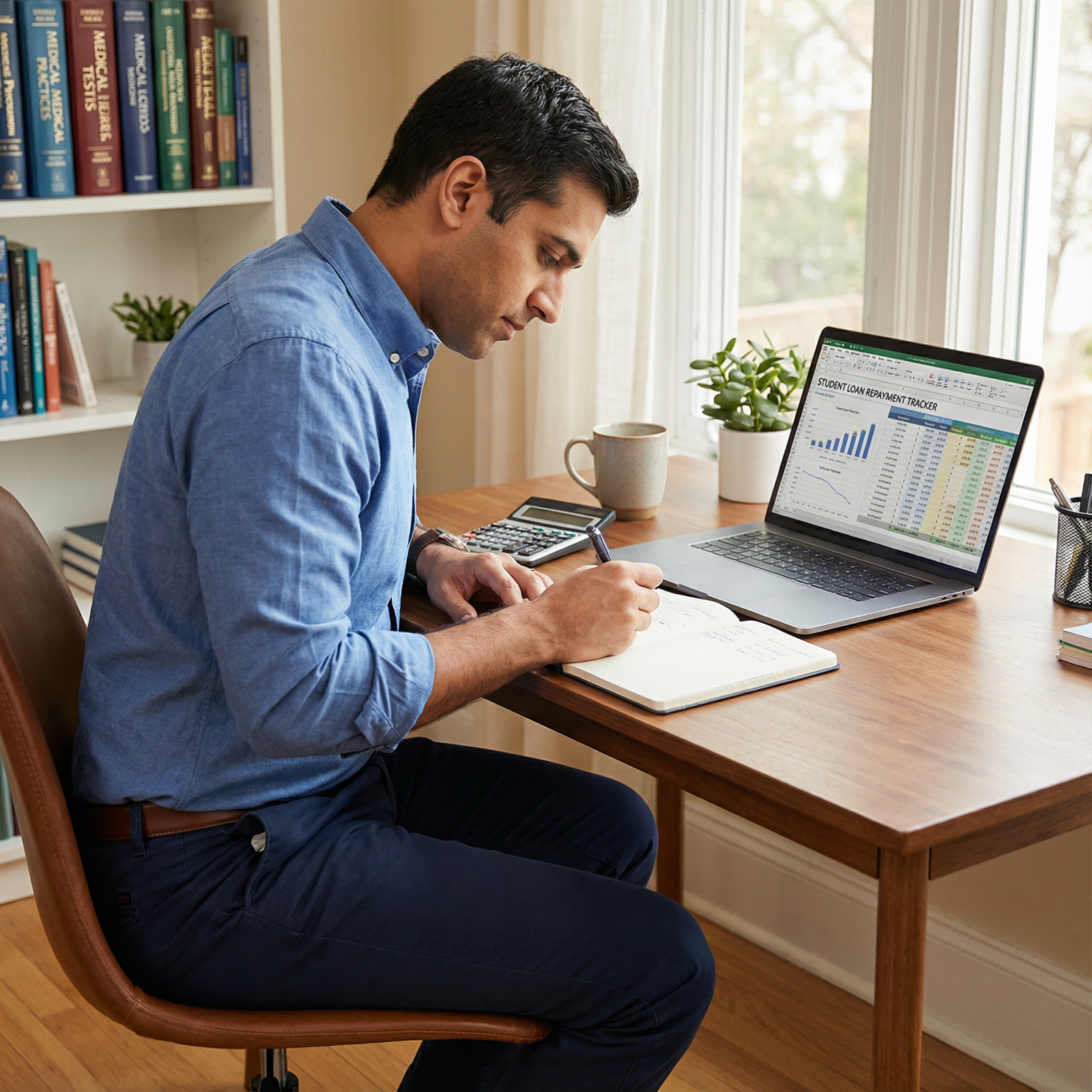 Doctor planning loan repayment strategy on notebook and laptop - Student Loan Refinancing for Mastering Medical Student Loan