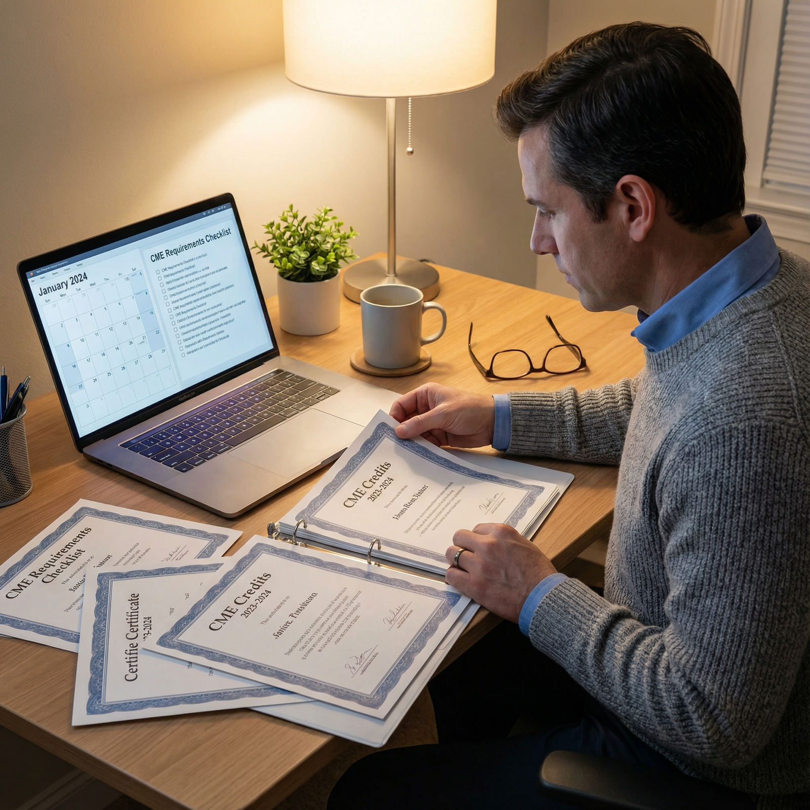 Physician organizing CME certificates and planning future education - Continuing Medical Education for Mastering CME Requirem