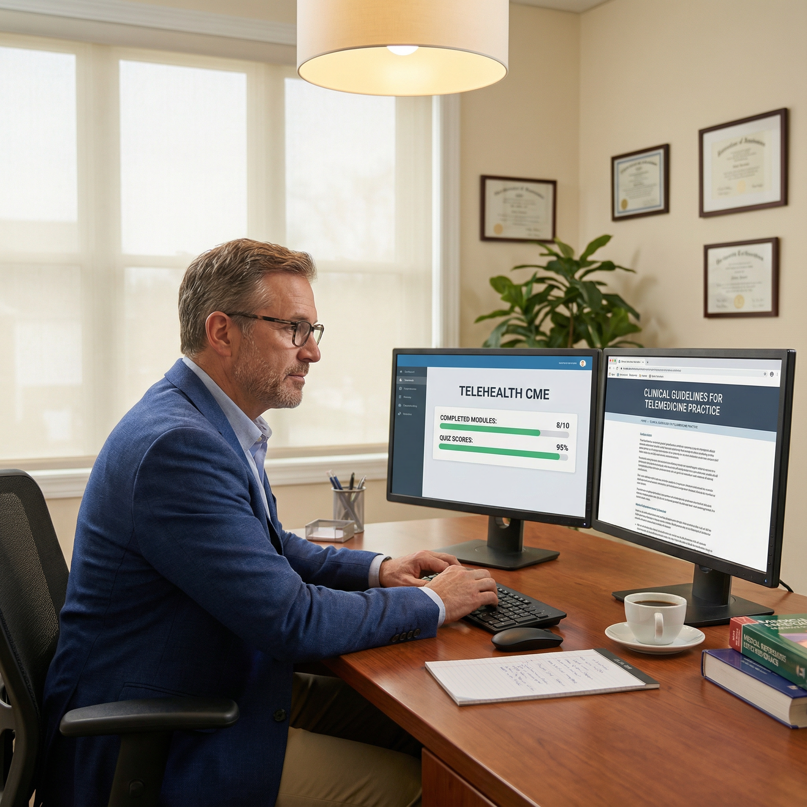 Physician reviewing telehealth CME resources before an online exam - Continuing Medical Education for Transforming Healthcare