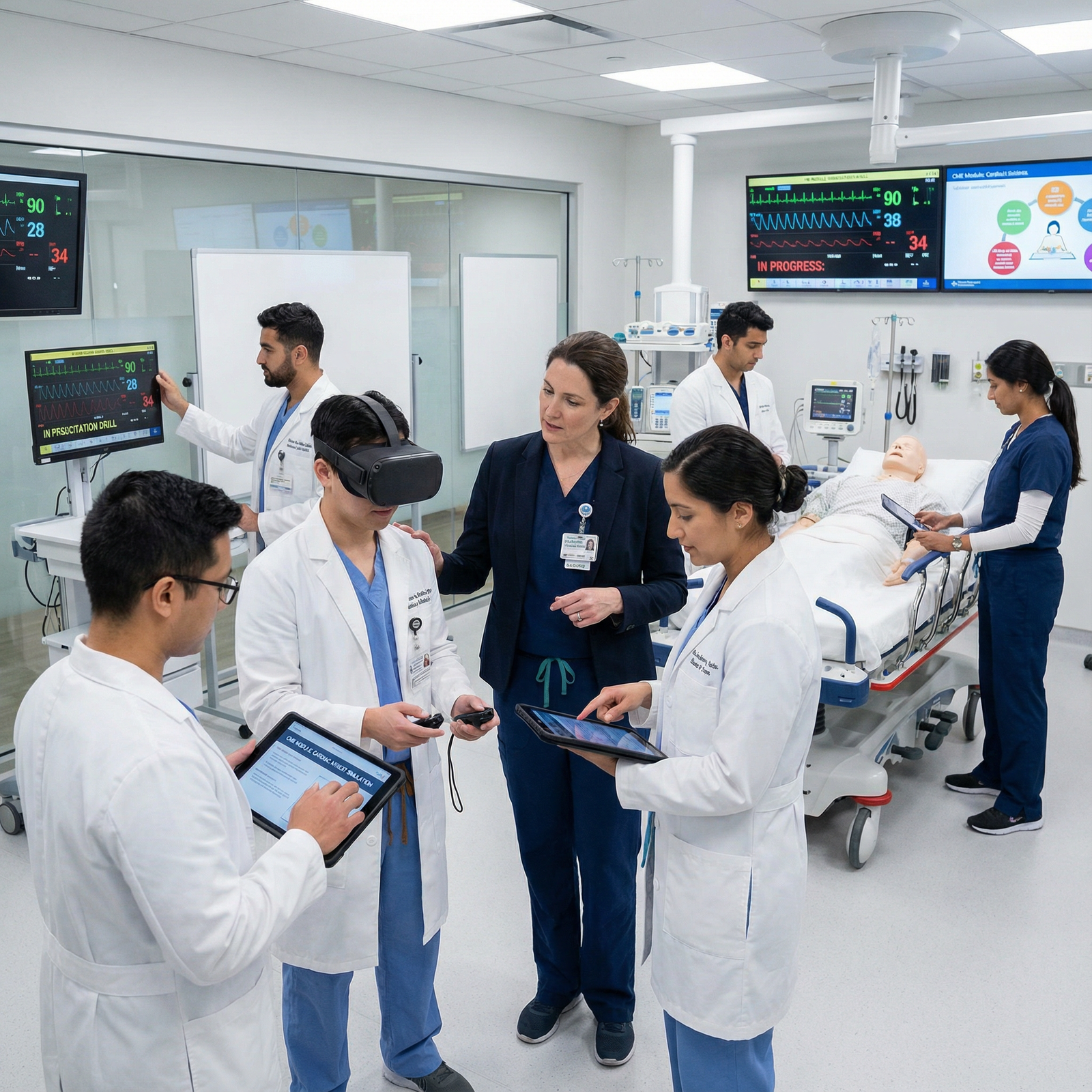 Medical team using tablets and VR tools in a simulation lab - Continuing Medical Education for Transforming Continuing Medica