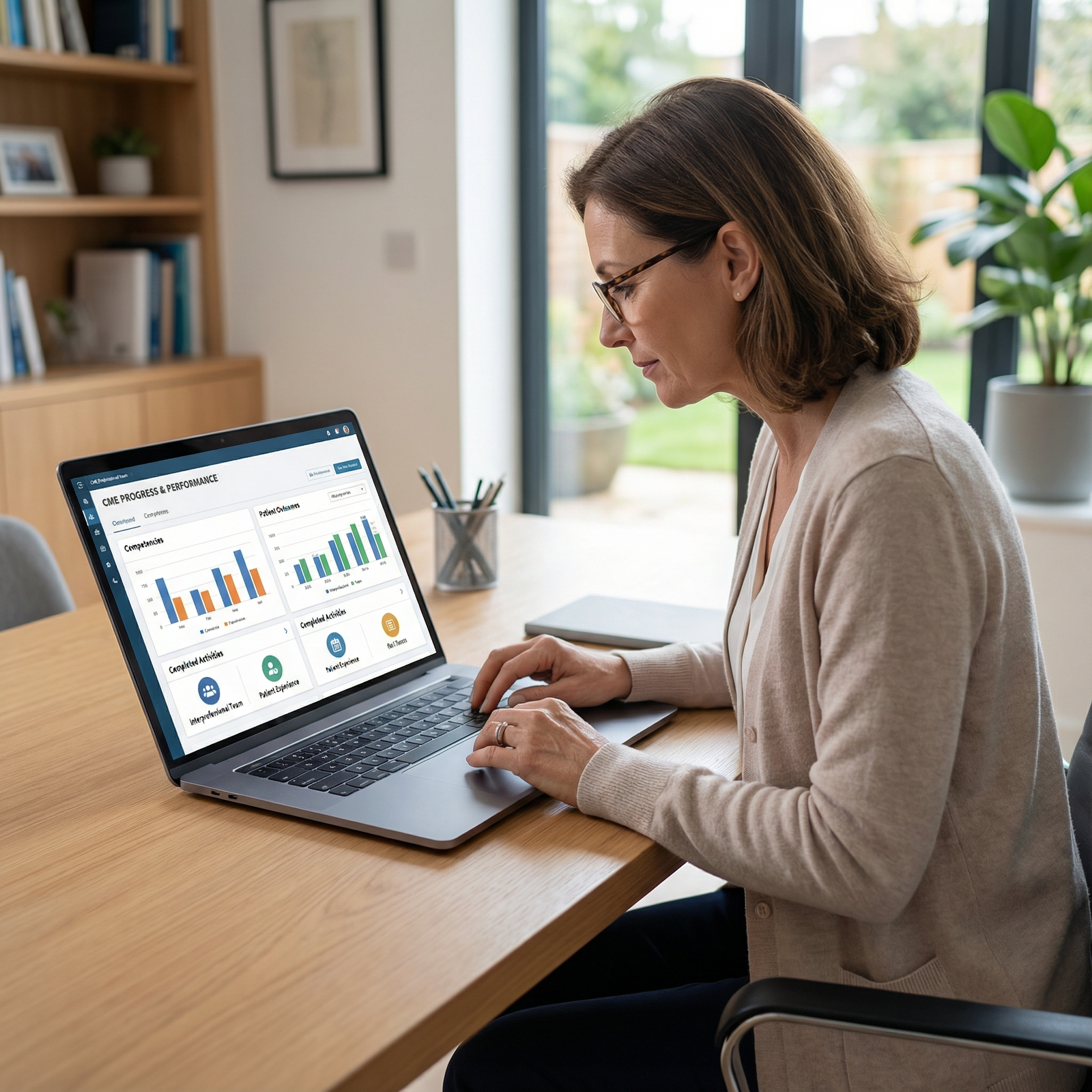 Doctor reviewing CME progress dashboard on laptop - Continuing Medical Education for Transforming Continuing Medical Educatio