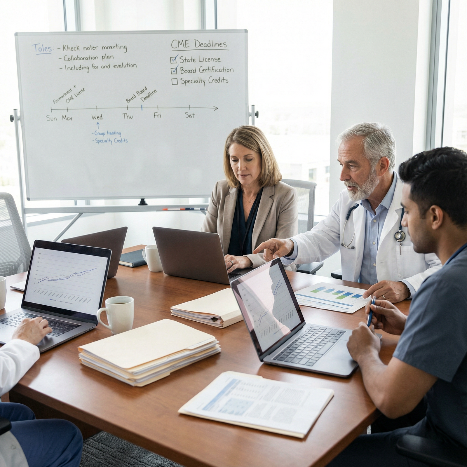 Doctors discussing CME requirements and planning professional development - Continuing Medical Education for Mastering CME Re