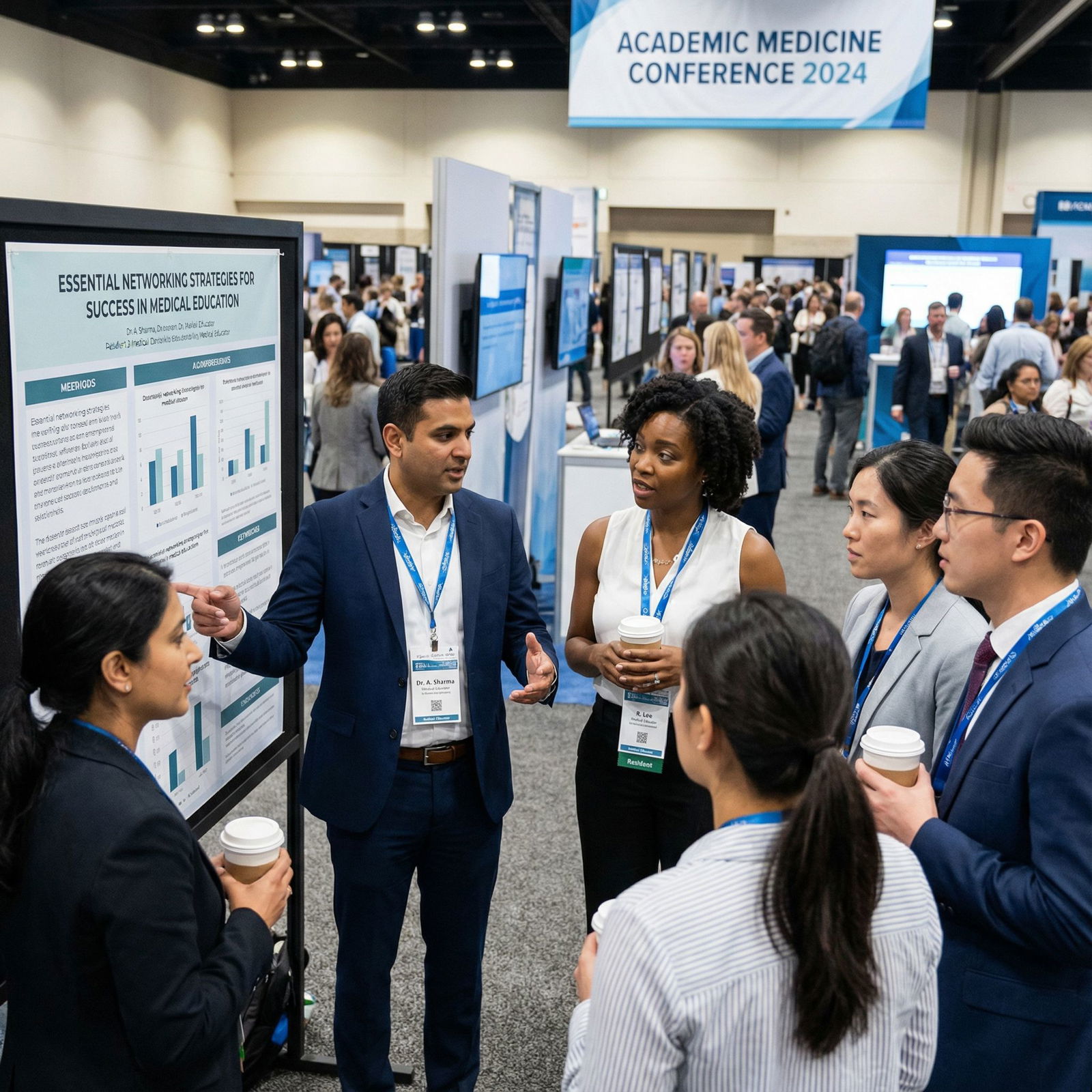 Faculty and residents discussing a poster presentation - medical education for Essential Networking Strategies for Success in