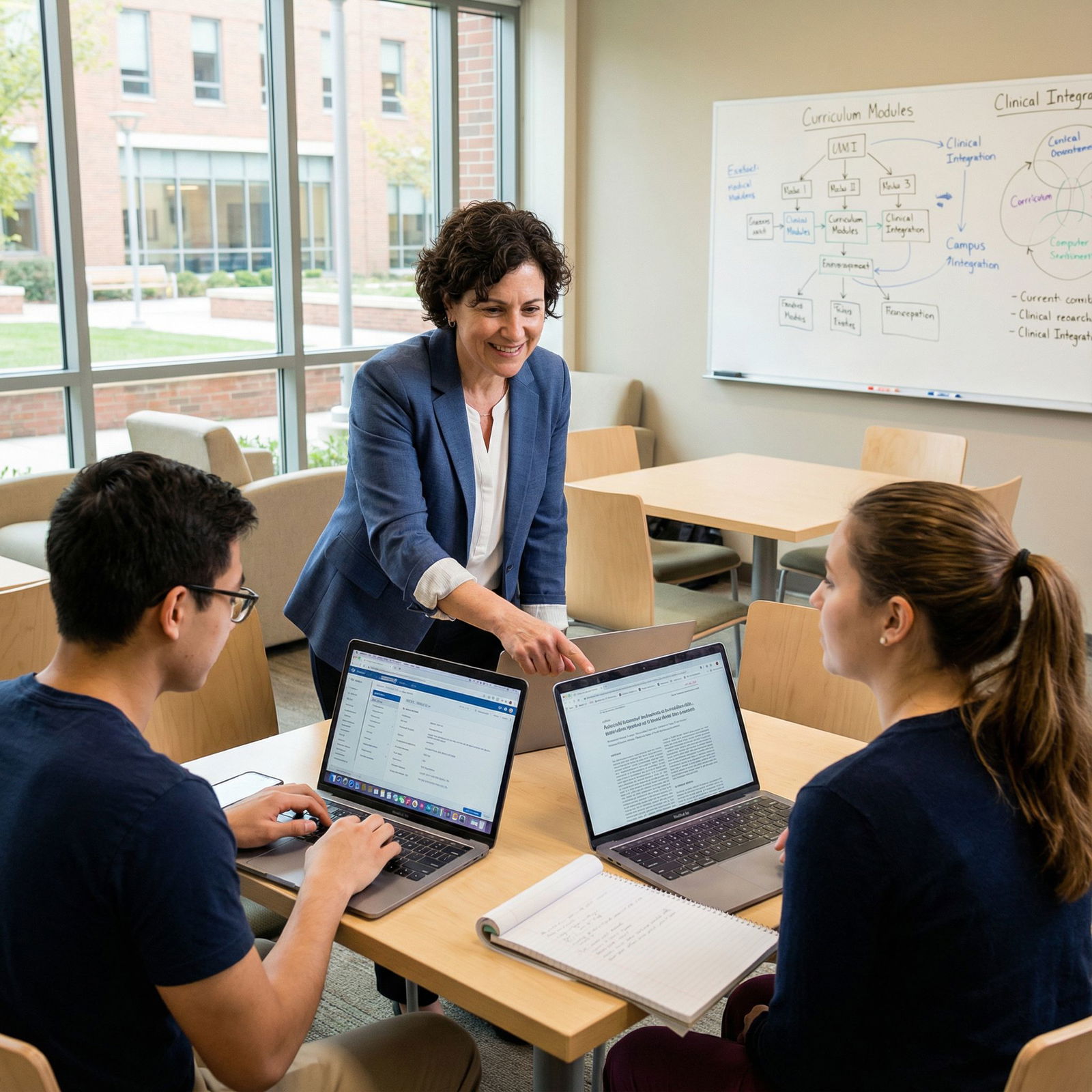 New medical educator mentoring students in a modern study space - Medical Education for Embracing Change: New Professors Shap
