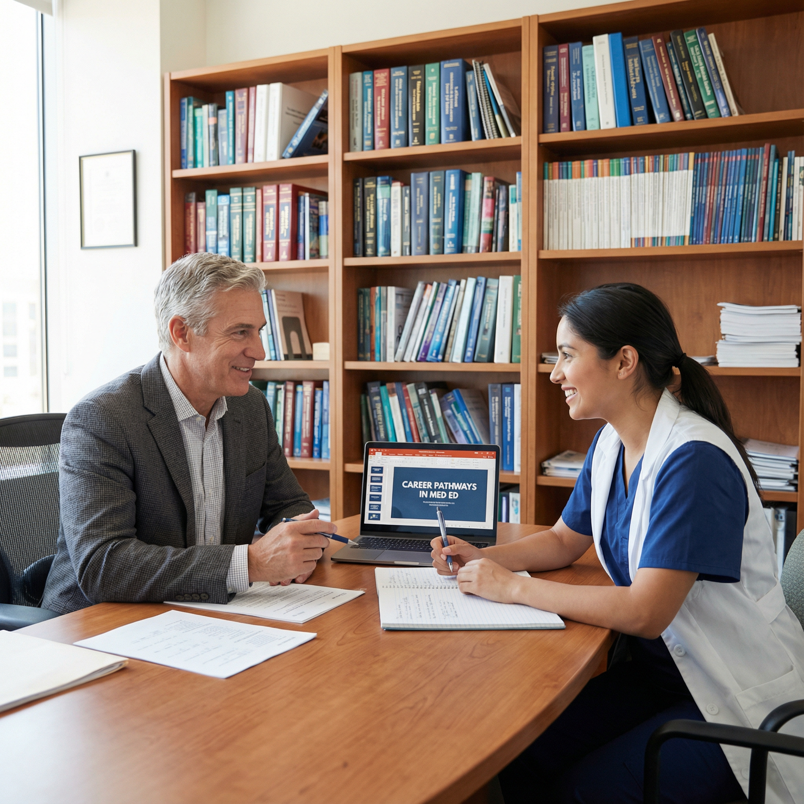 Physician mentor advising a medical student in an academic office - Medical Education for Navigating Your Career Shift: Embra