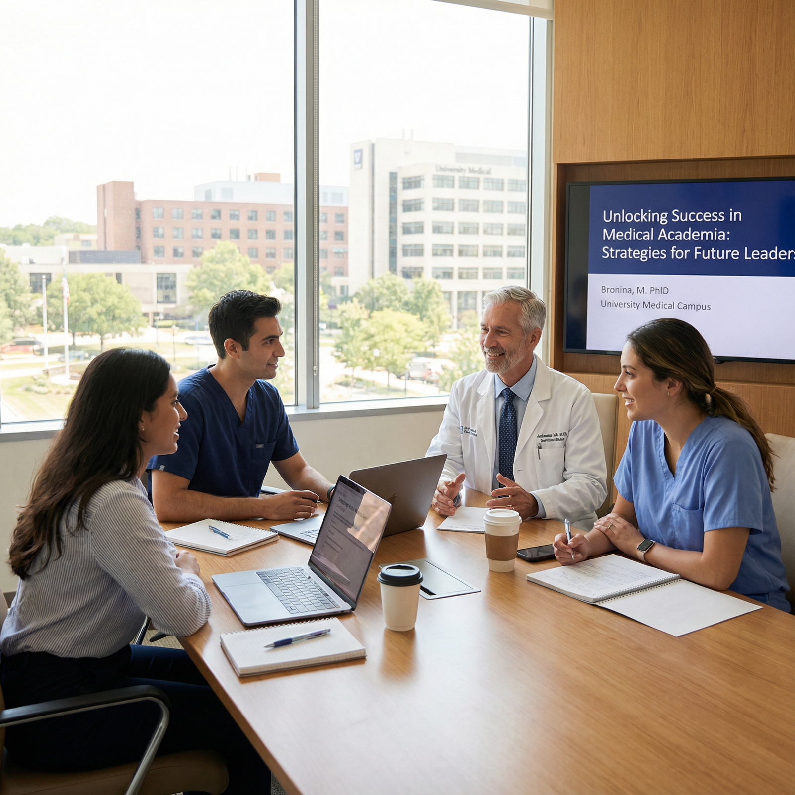 Medical faculty mentoring students in a collaborative meeting - Medical Education for Unlocking Success in Medical Academia: