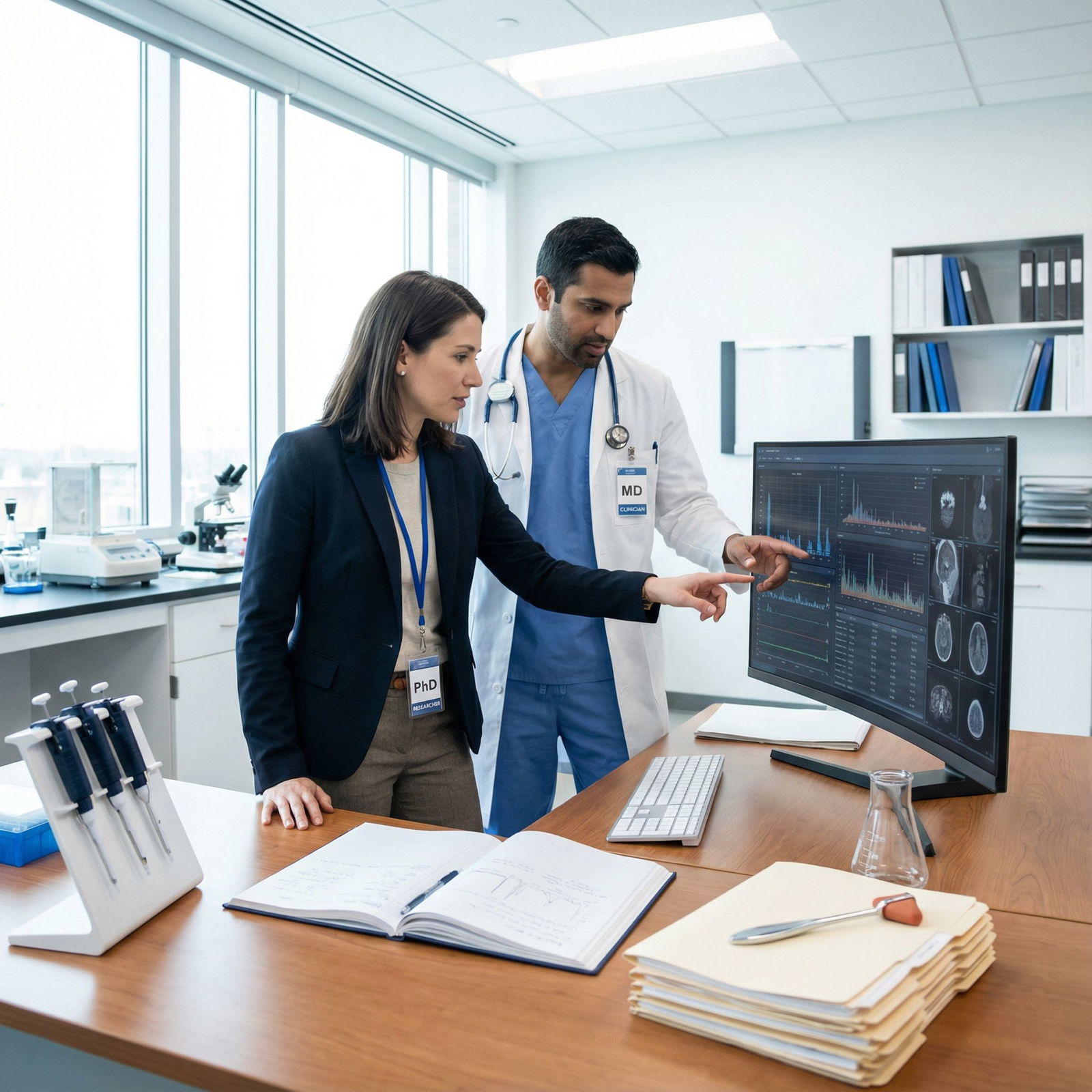 Researcher and clinician discussing data - PhD Skills for PhD vs MD: Essential Skills for Medical Career Success