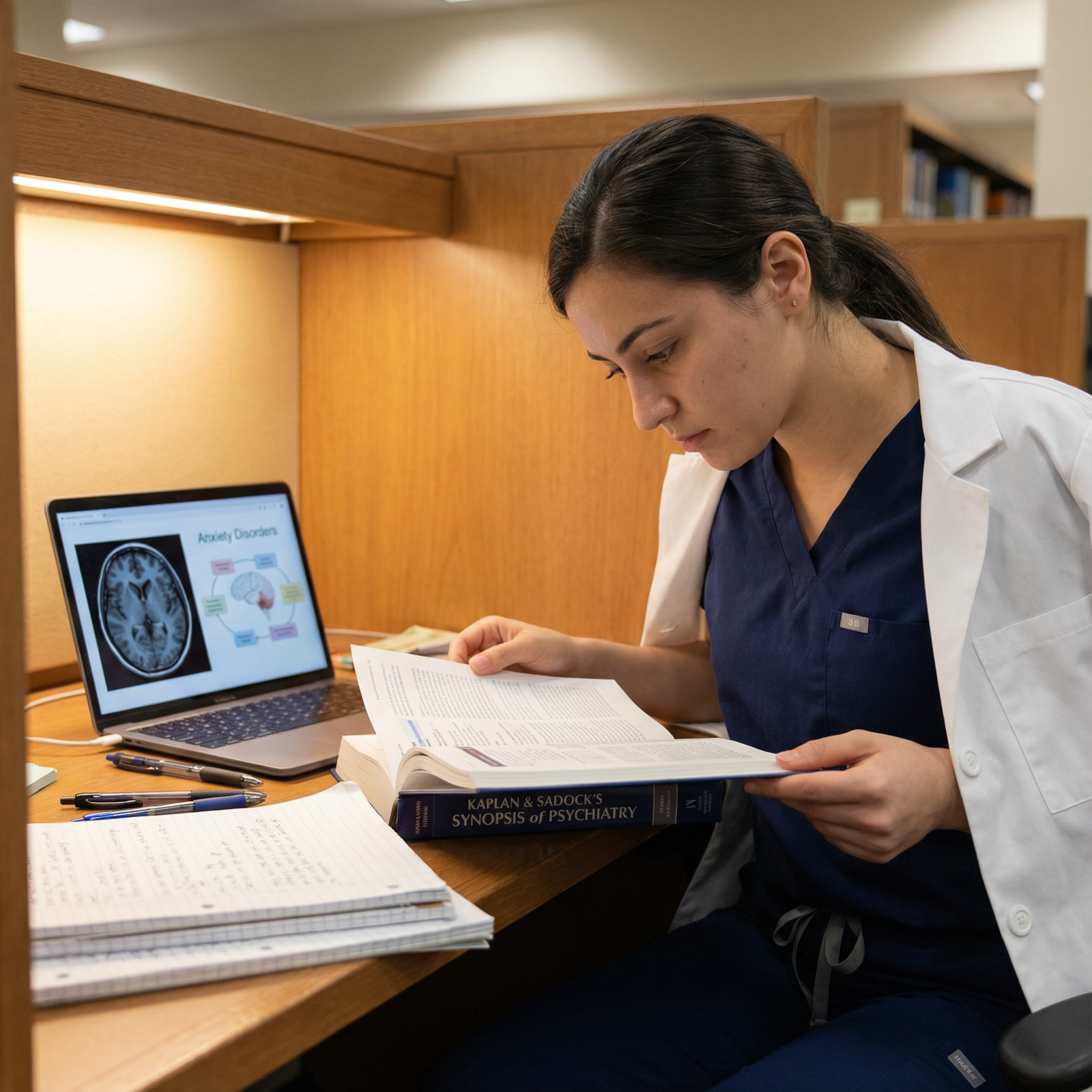 Medical student studying psychiatry with textbooks and laptop - Psychiatry for Exploring Psychiatry: Challenges and Rewards i