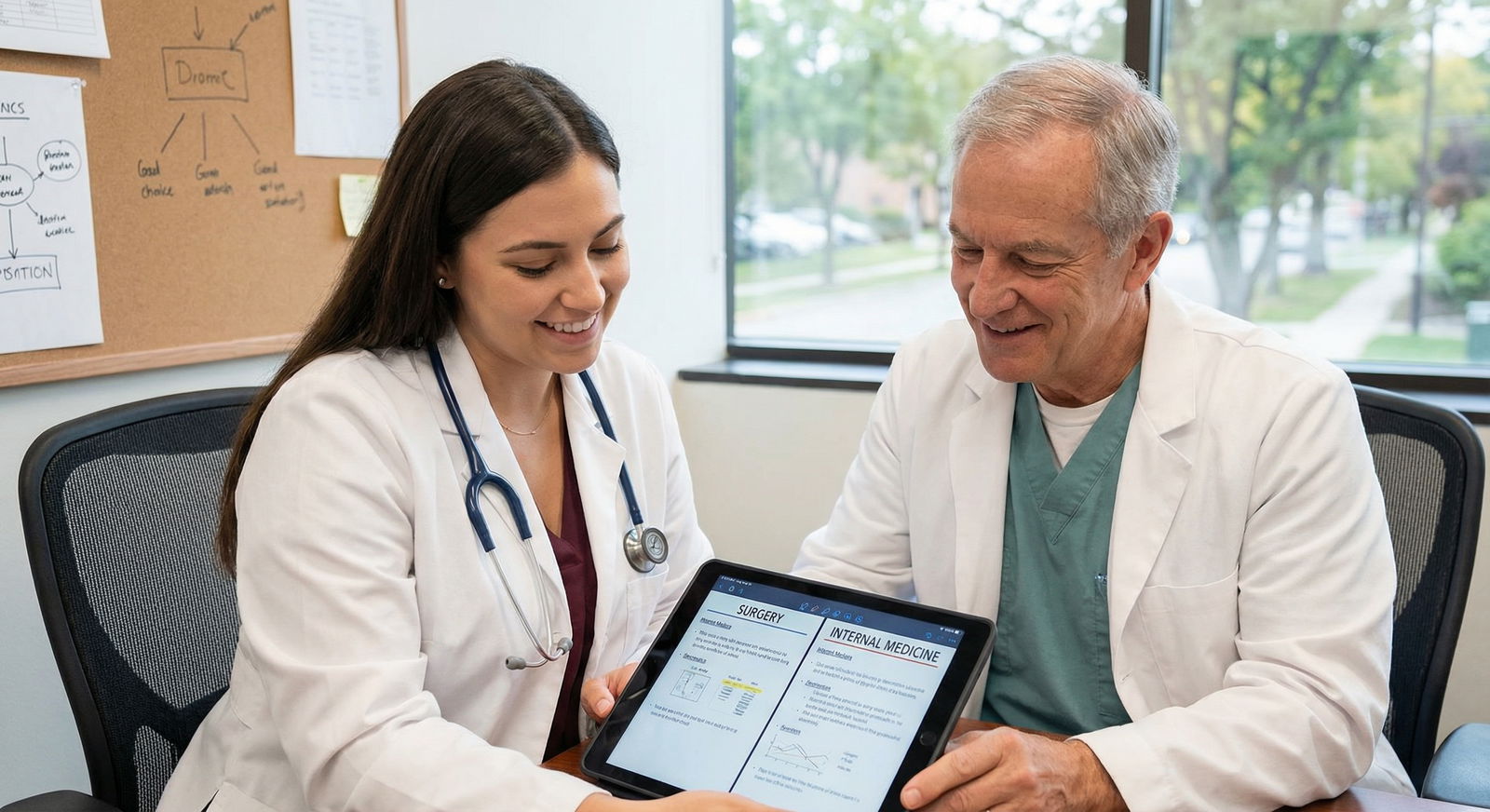 Medical student discussing specialty choice with a physician mentor - Medical Specialties for Surgery vs. Internal Medicine: