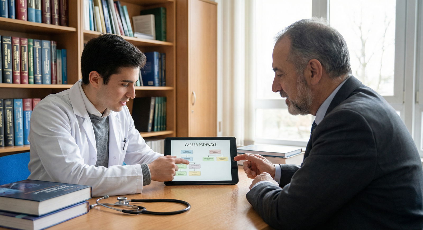 Medical student meeting with a physician mentor to discuss career options - medical specialties for Exploring Subsidiary Role