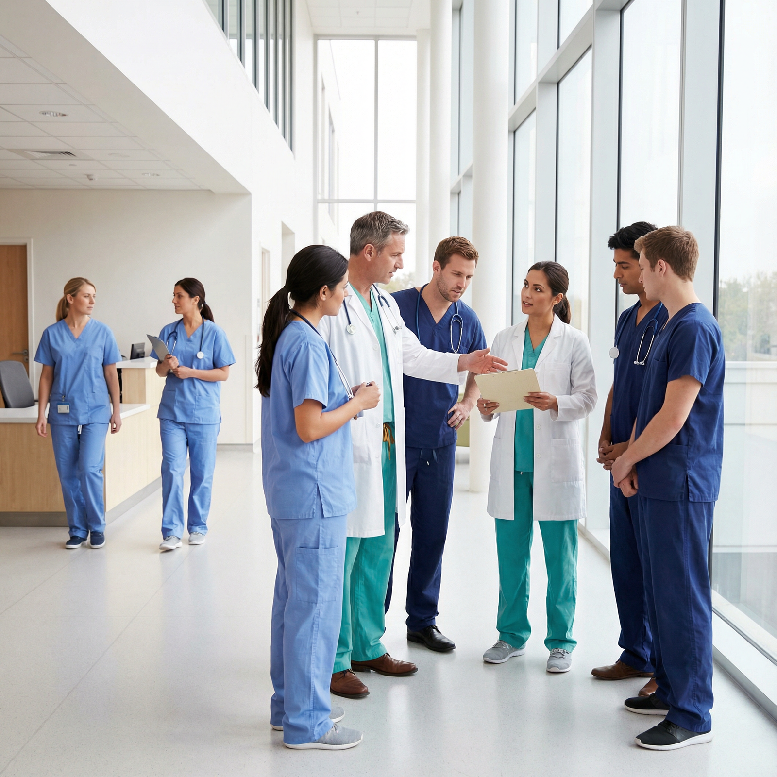 Medical team collaborating during teaching rounds on hospital ward Medical team collaborating during teaching rounds on hospital ward - clinical rotations for Maximize Your Clinical Rotations: