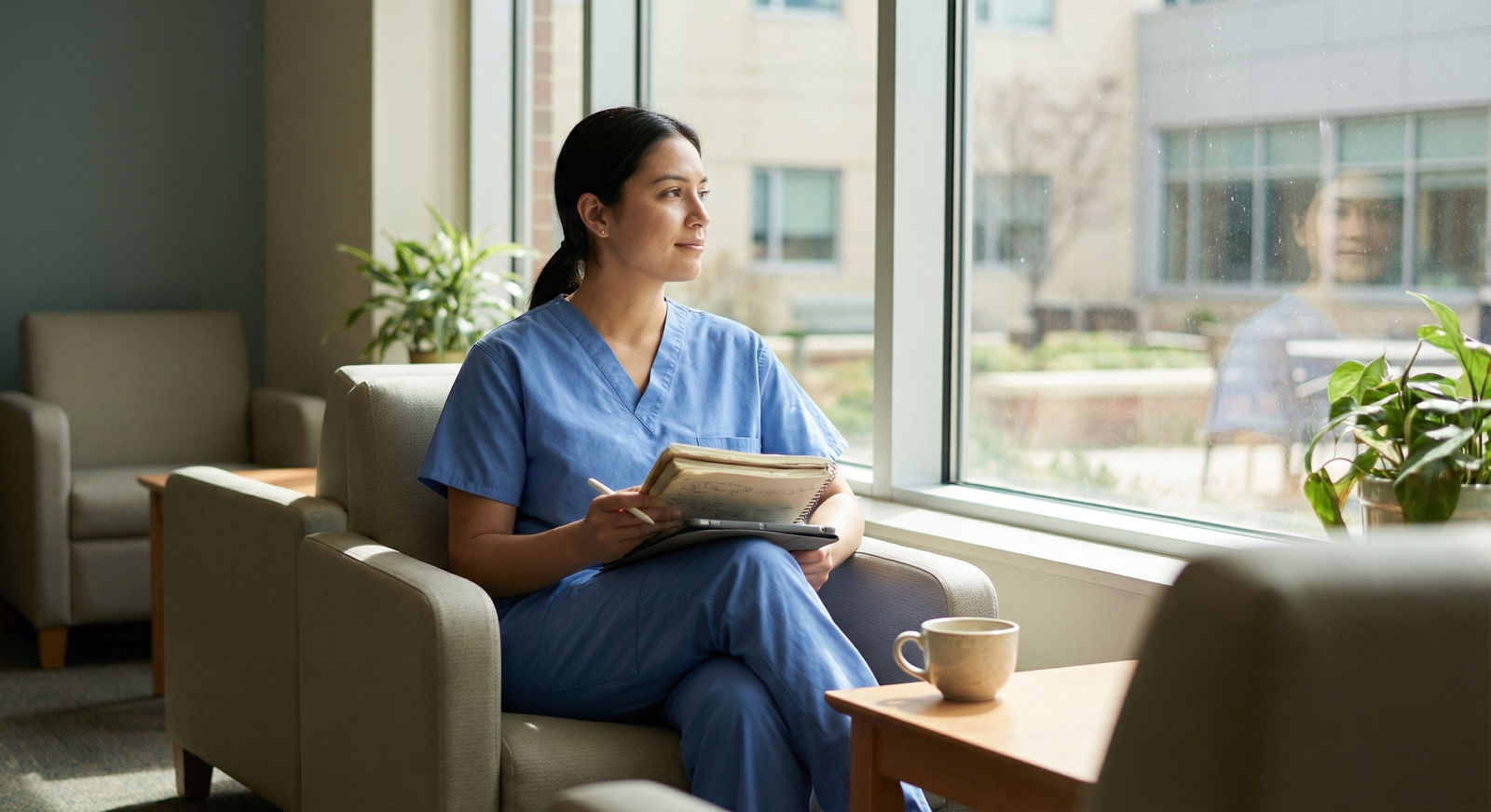 Medical student studying in hospital lounge practicing self-care during rotations Medical student studying in hospital lounge practicing self-care during rotations - clinical rotations for Maximize Your Clin