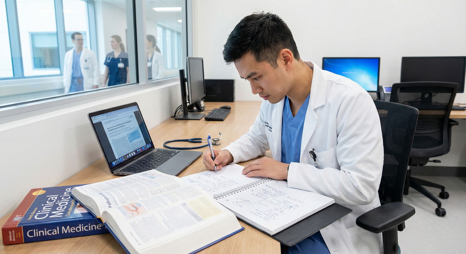 Medical student preparing for clinical rotations with textbooks and laptop Medical student preparing for clinical rotations with textbooks and laptop - Clinical Rotations for Excelling in Clinical Rot