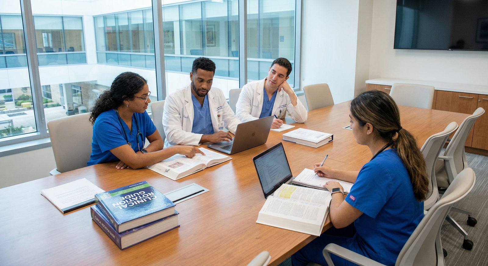 Medical students studying together and reflecting on clinical performance Medical students studying together and reflecting on clinical performance - Clinical Rotations for Avoid Common Clinical Rota