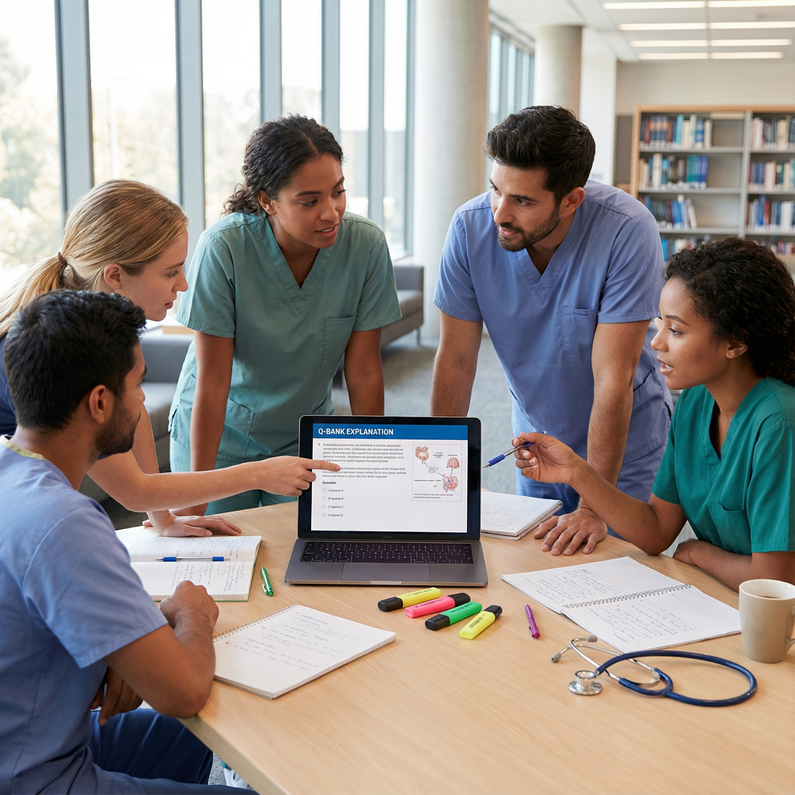 Medical students collaboratively reviewing Q-Bank explanations - Q-Banks for Maximize Your Exam Success: Essential Q-Banks fo