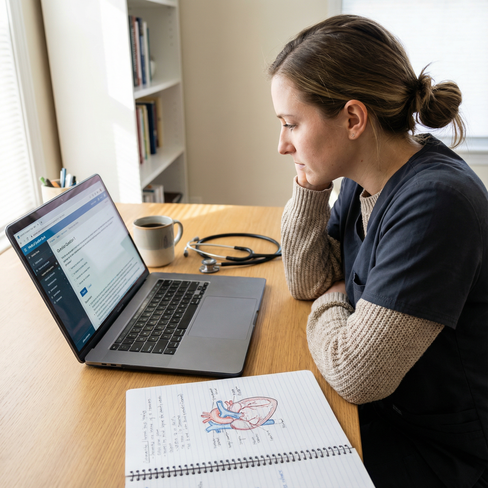 Medical student reviewing digital question bank with notes and diagrams - exam preparation for 7 Essential Study Materials fo