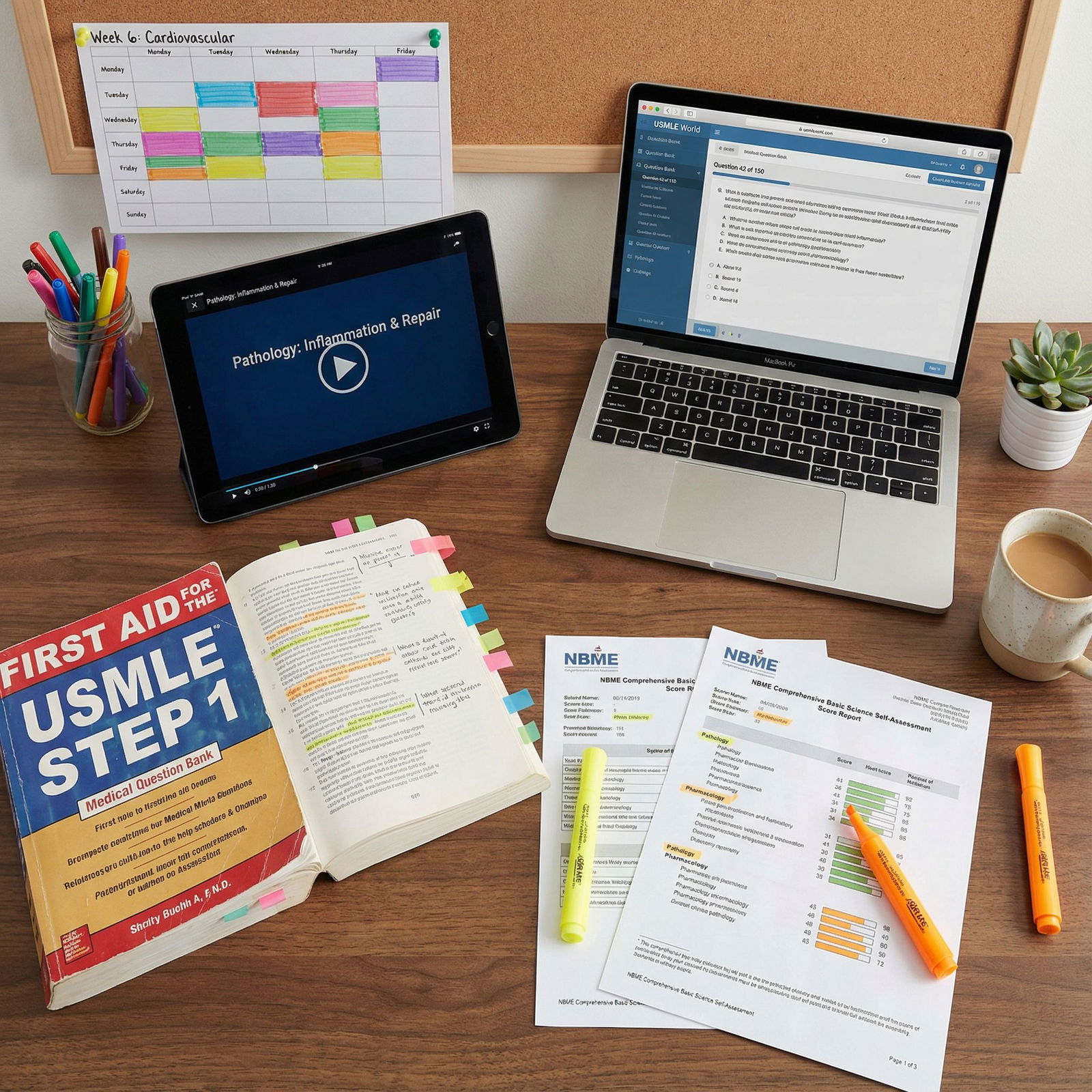 Integrated study setup for USMLE with First Aid, Pathoma, Sketchy, and NBME planning - Medical Study Guides for Transform You