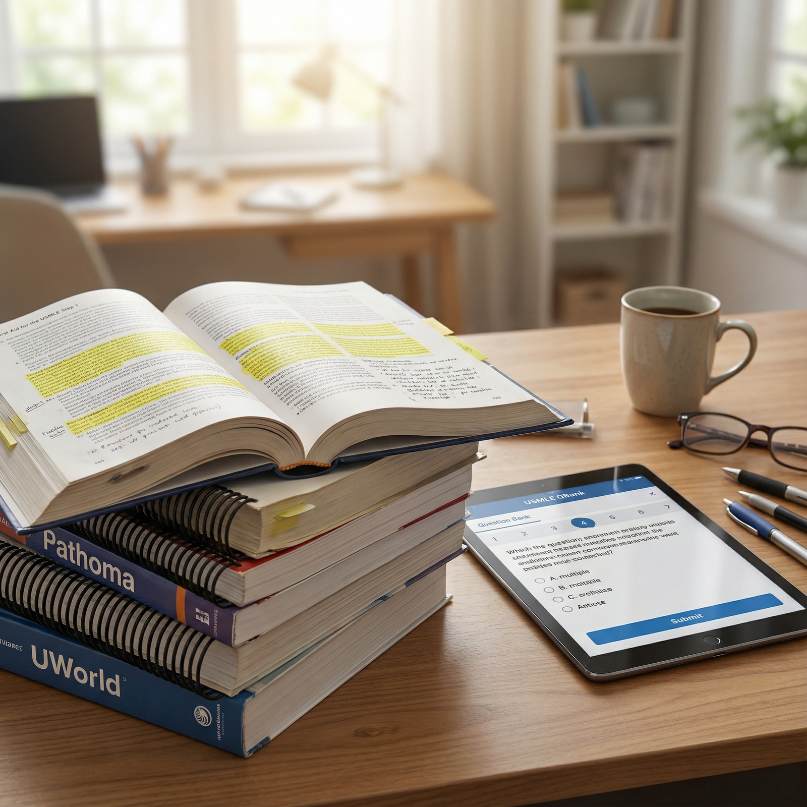 Close-up of medical review textbooks, notes, and digital resources used for board exam study - Board Exam Preparation for Top