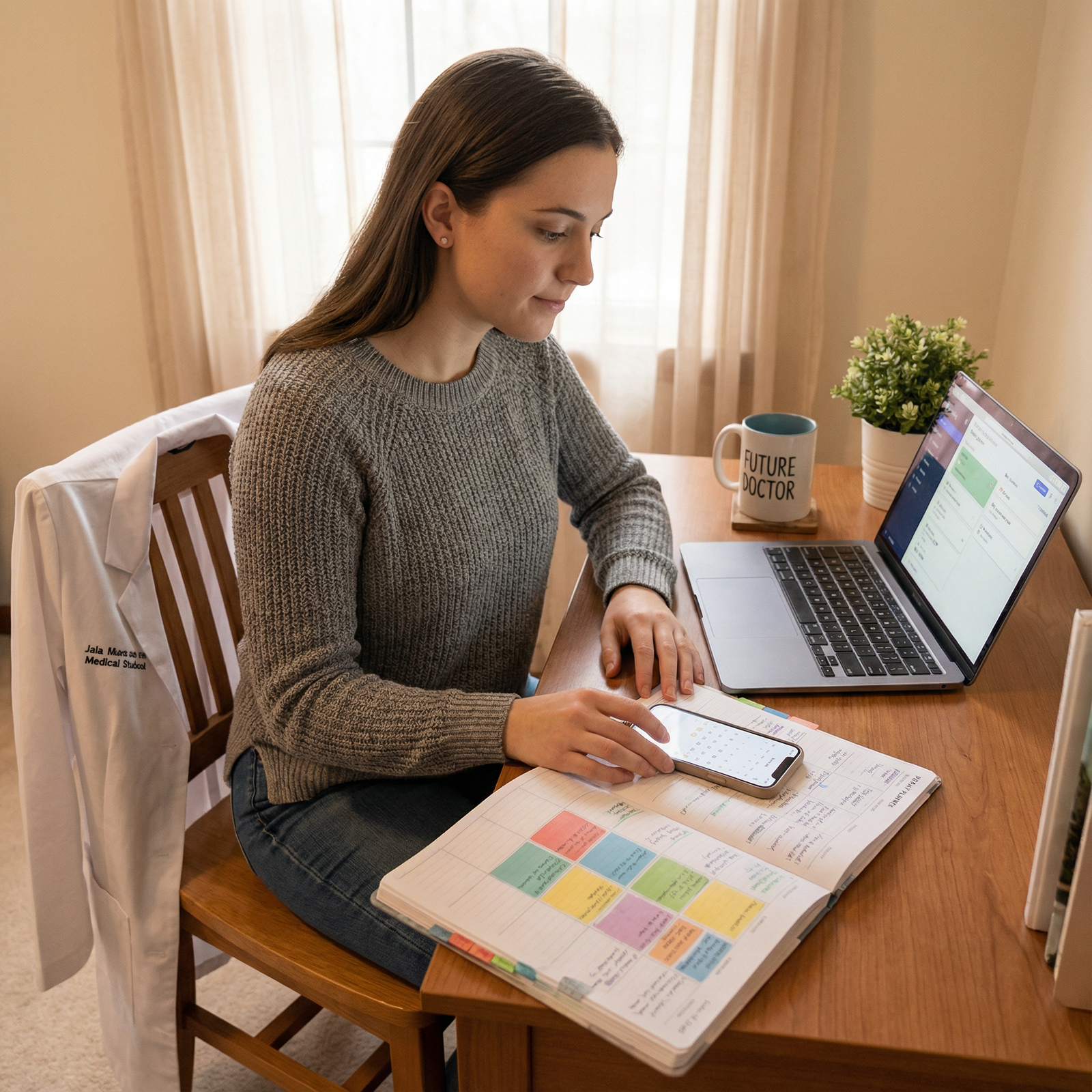 Medical student planning schedule with digital and paper tools Medical student planning schedule with digital and paper tools - Medical School for Mastering Medical School: Your Guide to W