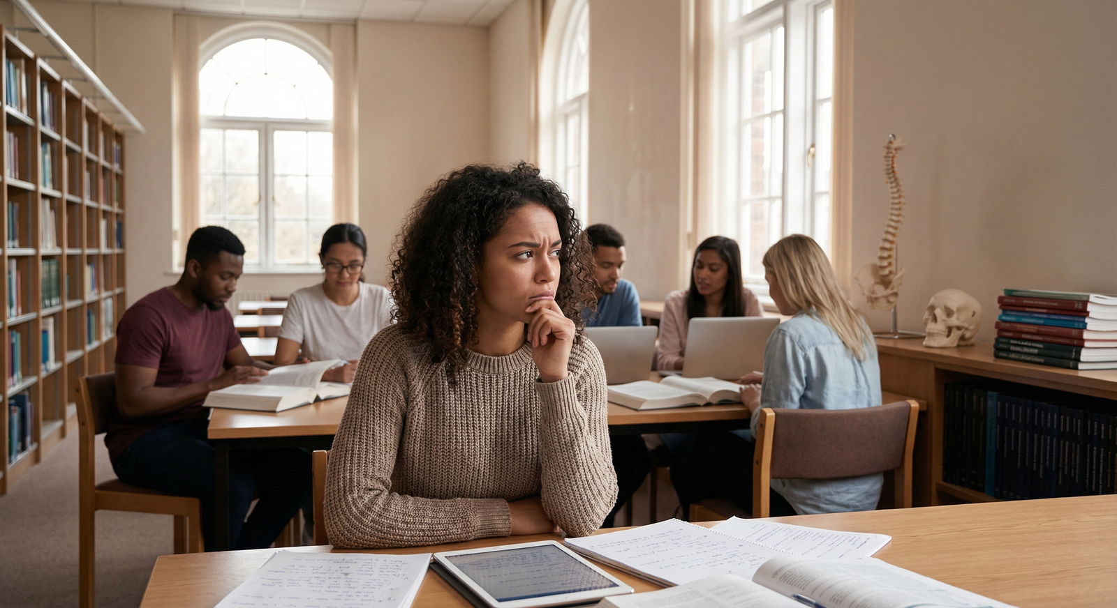 Medical student reflecting in library while studying - imposter syndrome for Overcoming Imposter Syndrome: Essential Tips for