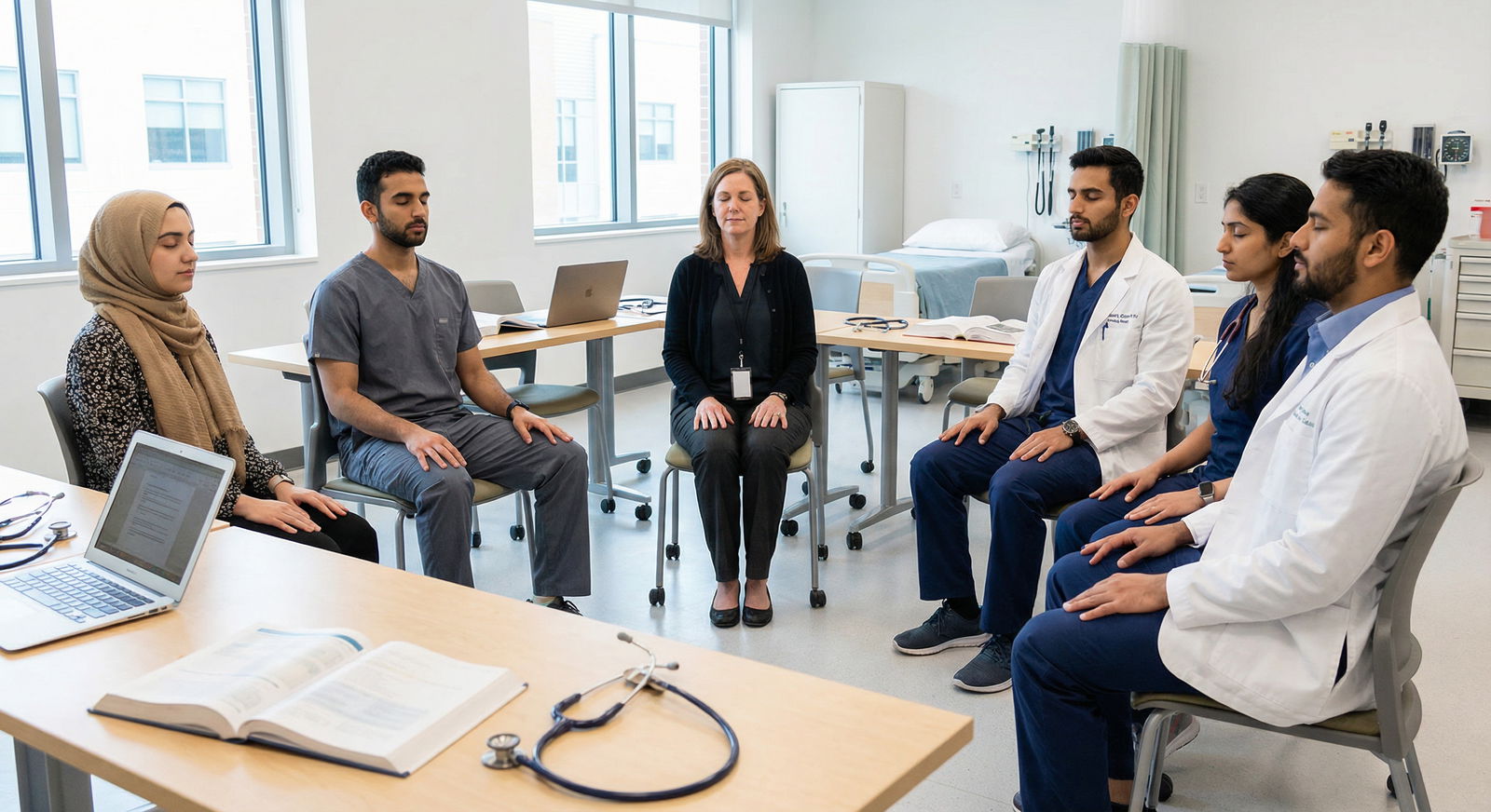 Medical students practicing a brief group mindfulness session - Mindfulness for Mastering Mindfulness: Essential Techniques f