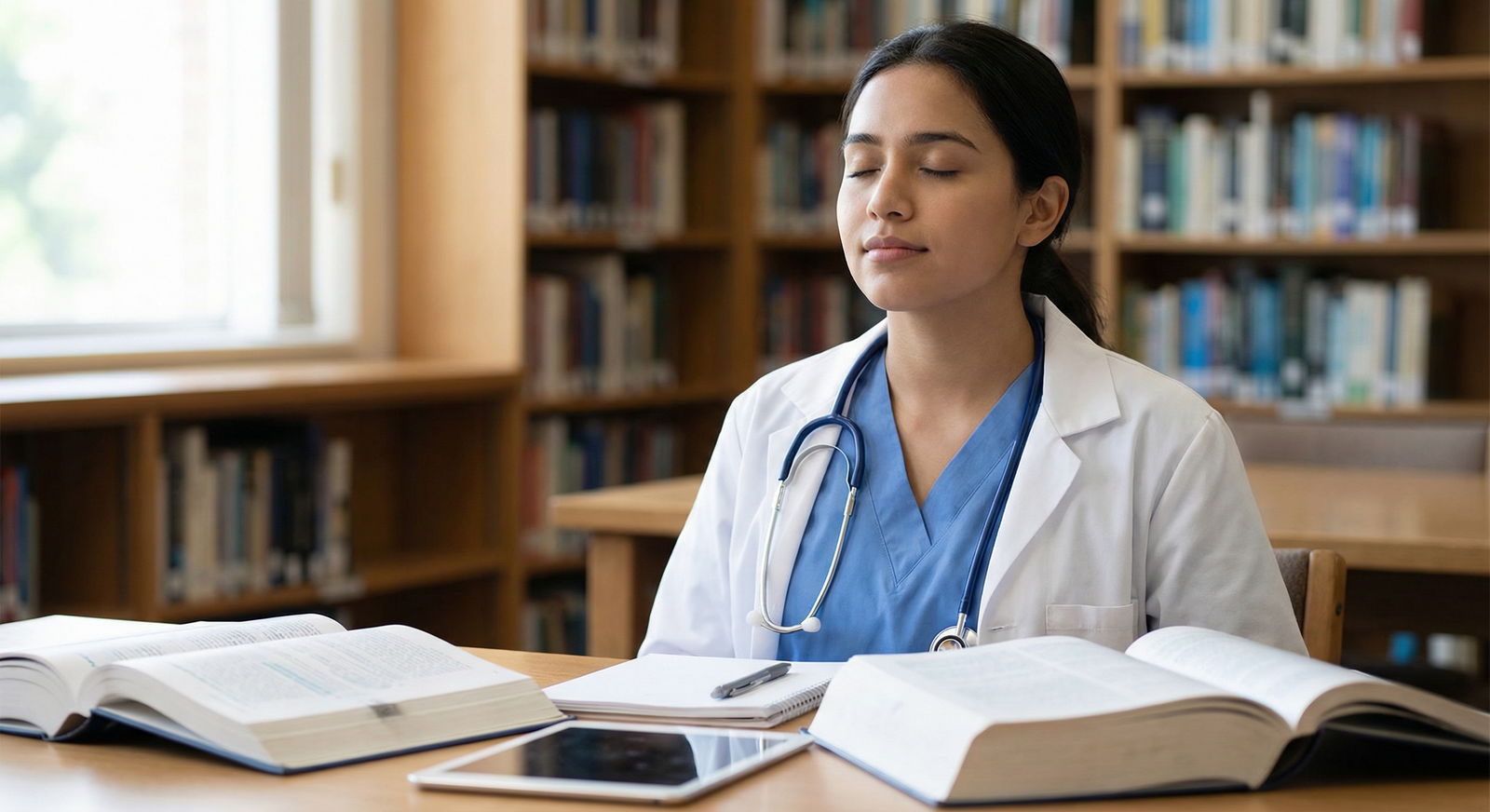 Medical student practicing mindfulness for stress management Medical student practicing mindfulness for stress management - Resilience Training for Mastering Resilience Training: Essenti