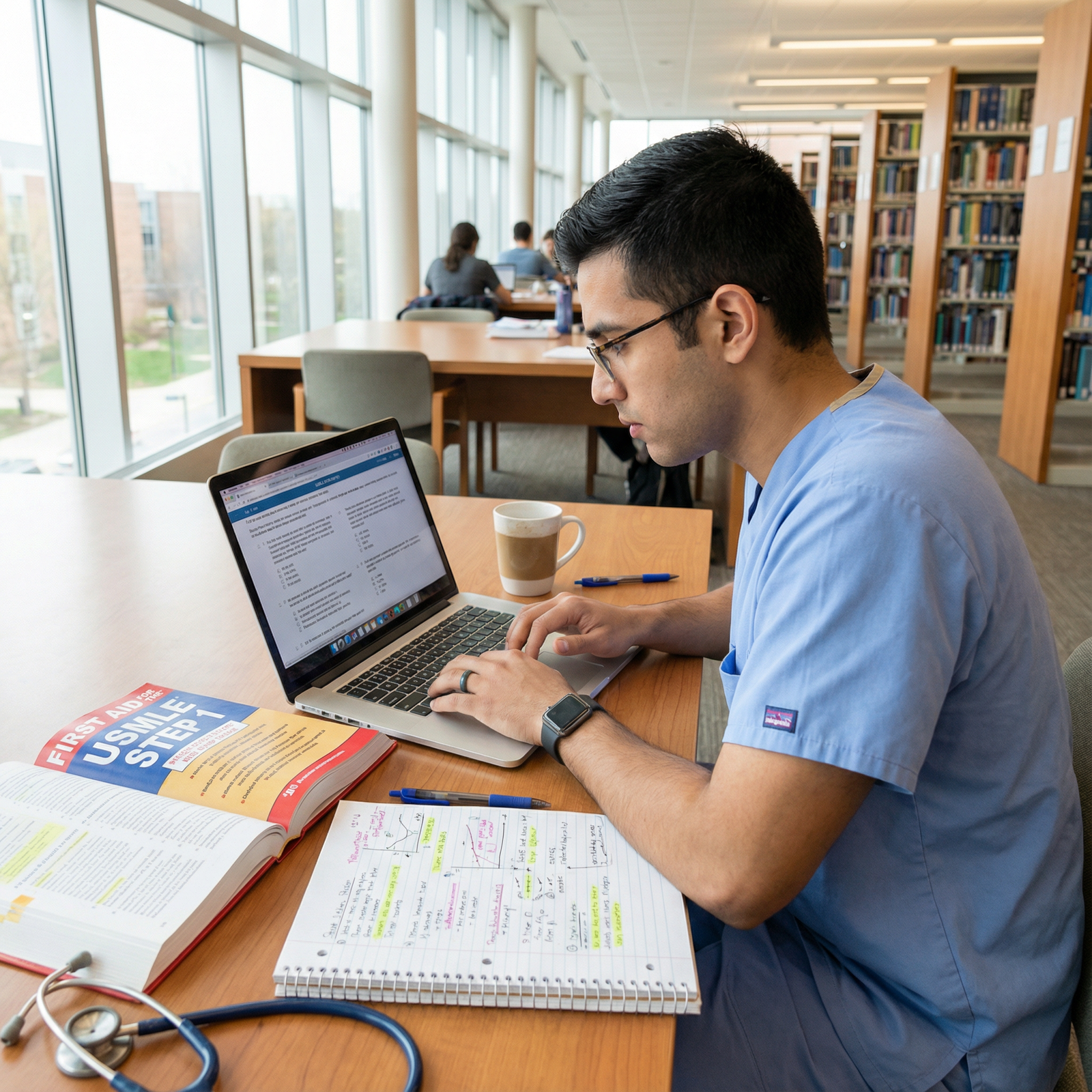 Medical student reviewing USMLE practice questions on a laptop - USMLE Step 1 for Avoid These 5 Mistakes for USMLE Step 1 Suc