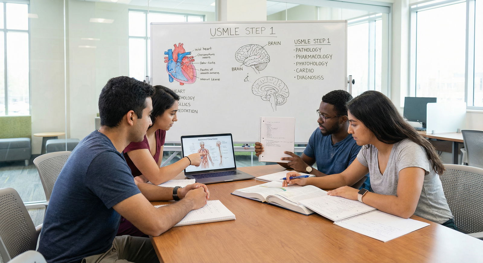 Group of medical students in a study session preparing for USMLE Step 1 Group of medical students in a study session preparing for USMLE Step 1 - USMLE Step 1 for Unlock Your Success: Top 10 USMLE