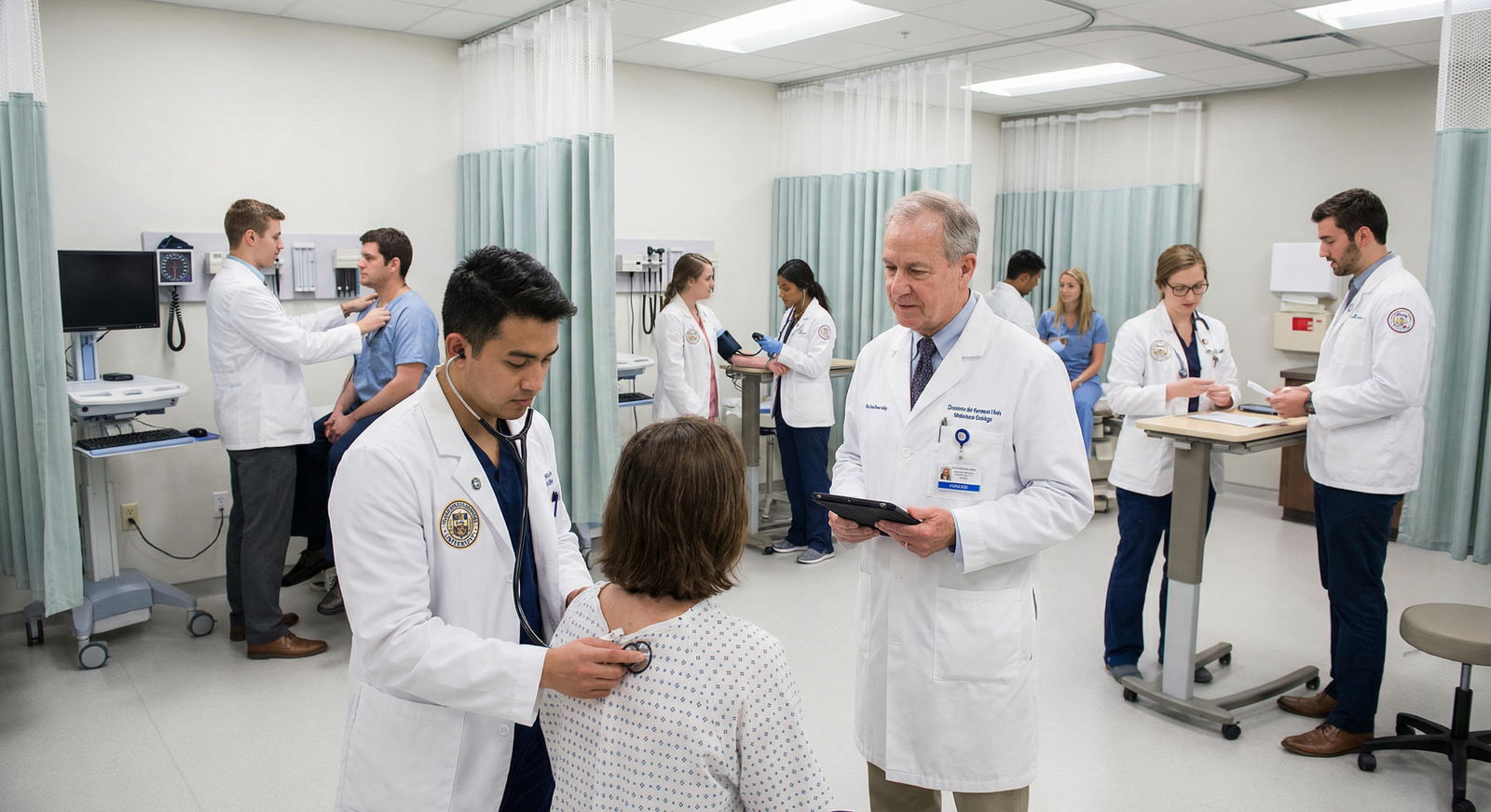 Medical students practicing OSCE style clinical skills in simulation lab Medical students practicing OSCE style clinical skills in simulation lab - USMLE for Mastering Clinical Skills for USMLE Step