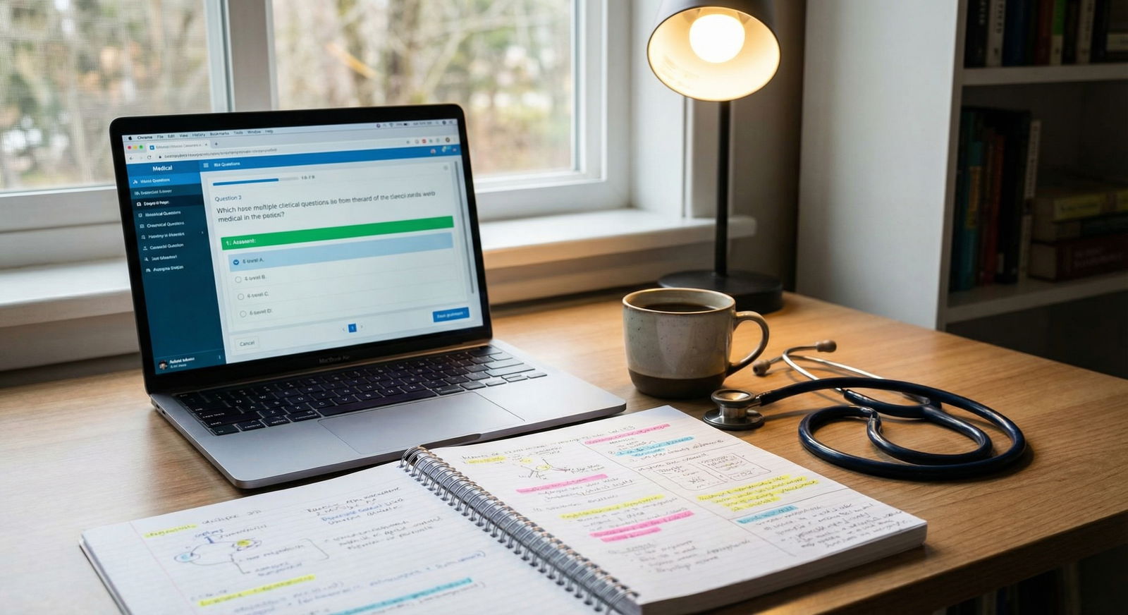 Organized USMLE Step 2 study desk with medical resources - USMLE Step 2 for Optimize Your Study Environment for USMLE Step 2