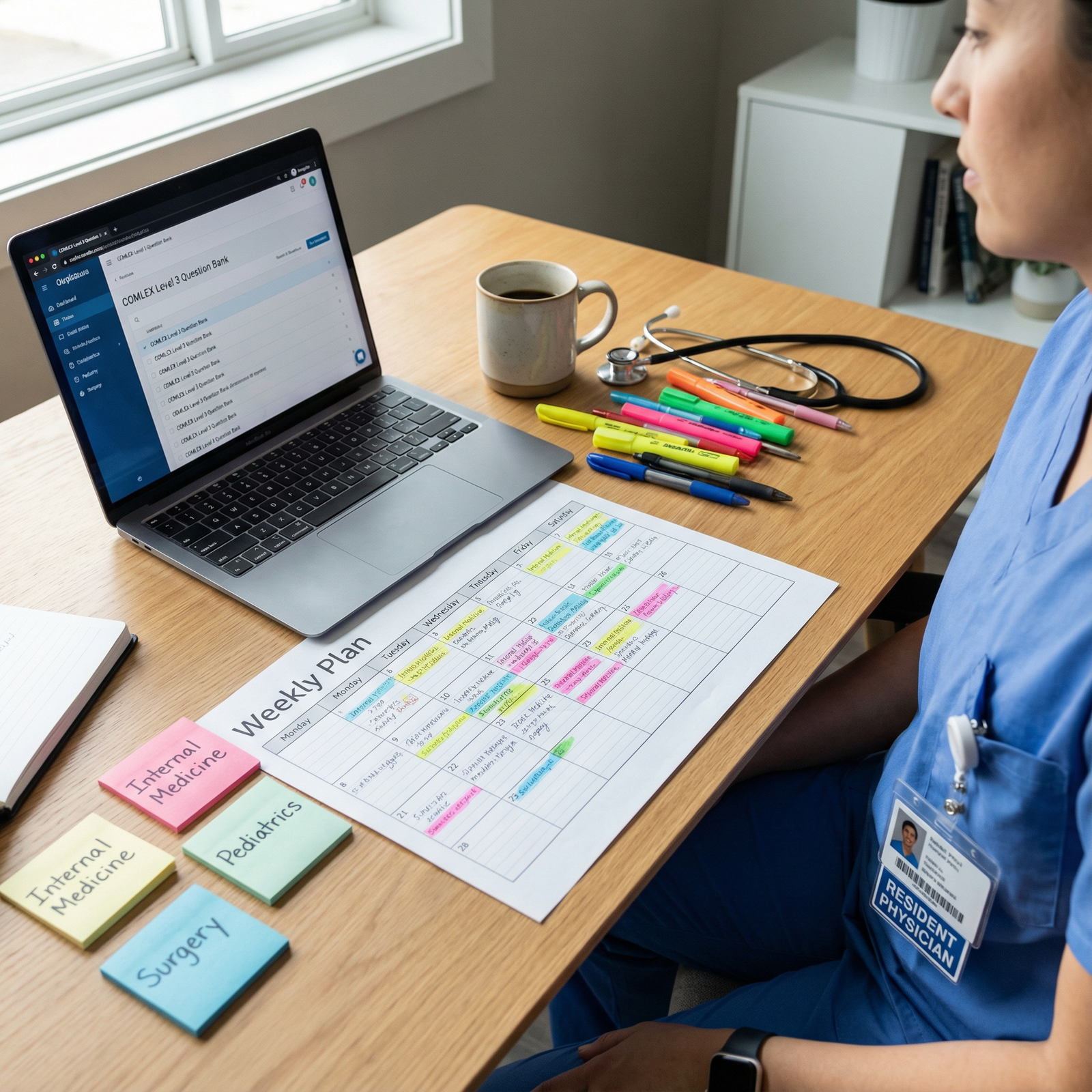 Resident using question bank and calendar for COMLEX Level 3 prep - COMLEX Level 3 for Mastering Your COMLEX Level 3 Study Sc
