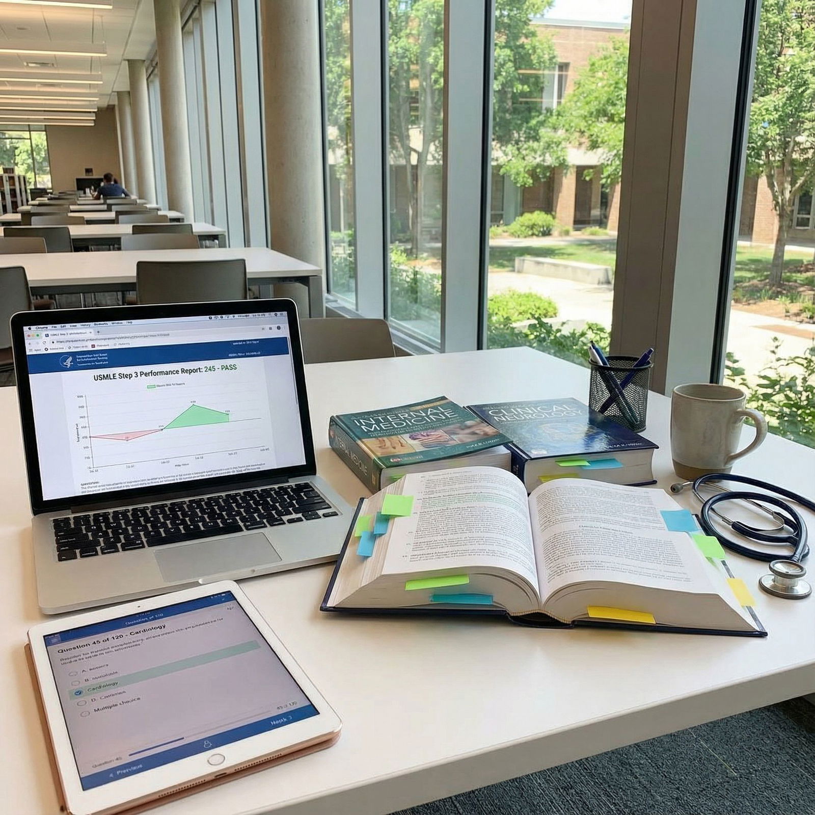 Organized USMLE Step 3 review materials on a desk - USMLE Step 3 for Mastering Your Post-USMLE Step 3 Review: Study Strategie