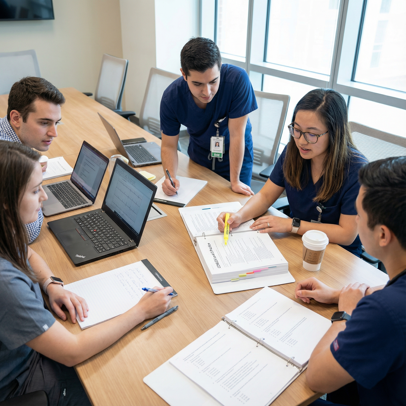 Residents discussing COMLEX Level 3 practice questions together Residents discussing COMLEX Level 3 practice questions together - COMLEX Level 3 for Mastering COMLEX Level 3: The Key Role o